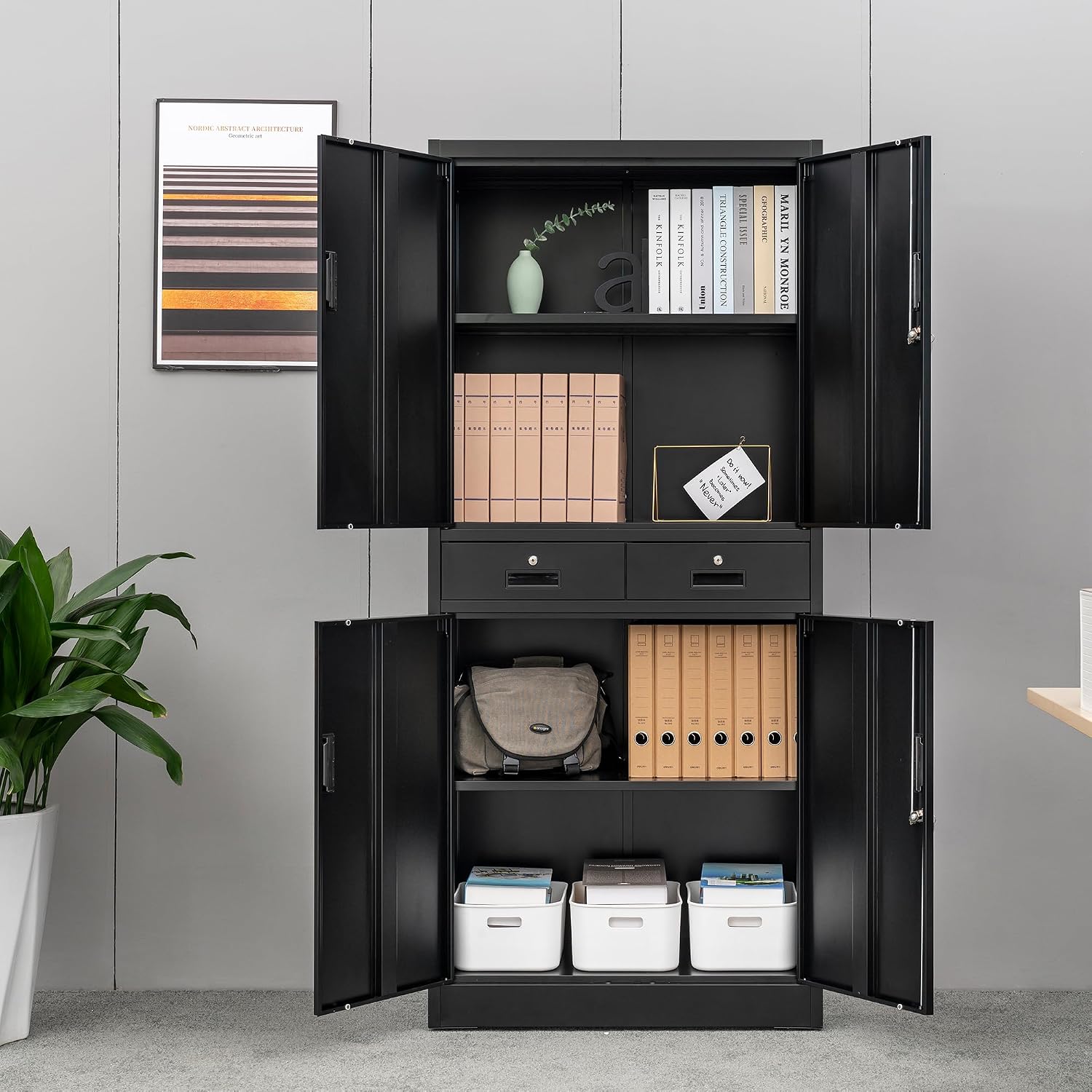 Wanfu Metal Storage Cabinet, 71' Locking Storage Cabinet with Adjustable Shelves and 2 Drawers, Steel Cabinets for Office, Garage, Home, School, Utility Room(Black)