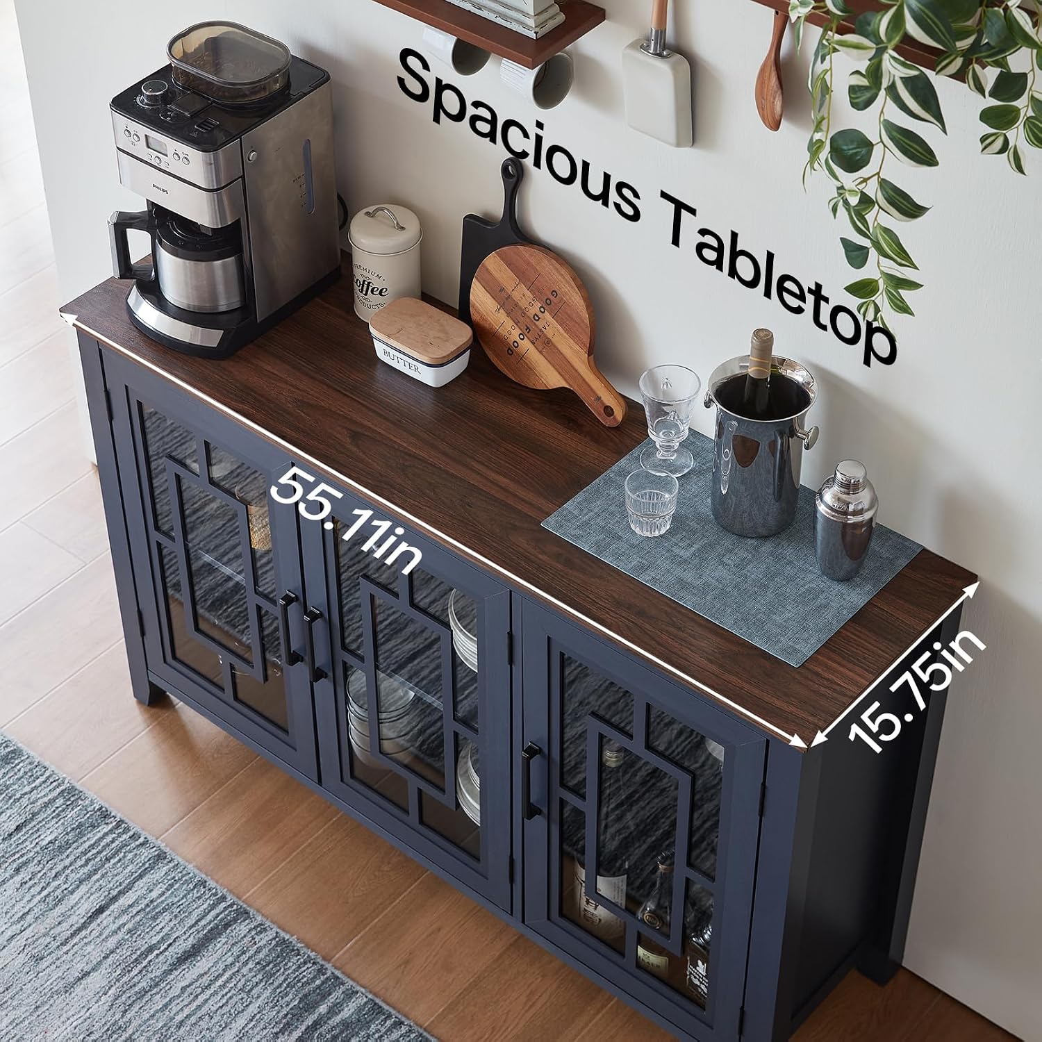 Joaxswe Large Sideboard Buffet Cabinet with Storage, 55' Farmhouse Kitchen Coffee Wine Bar Cabinet with 3 Glass Doors, Wood Mid Century Modern Side Board Table for Dining Room, Living Room,Navy Blue