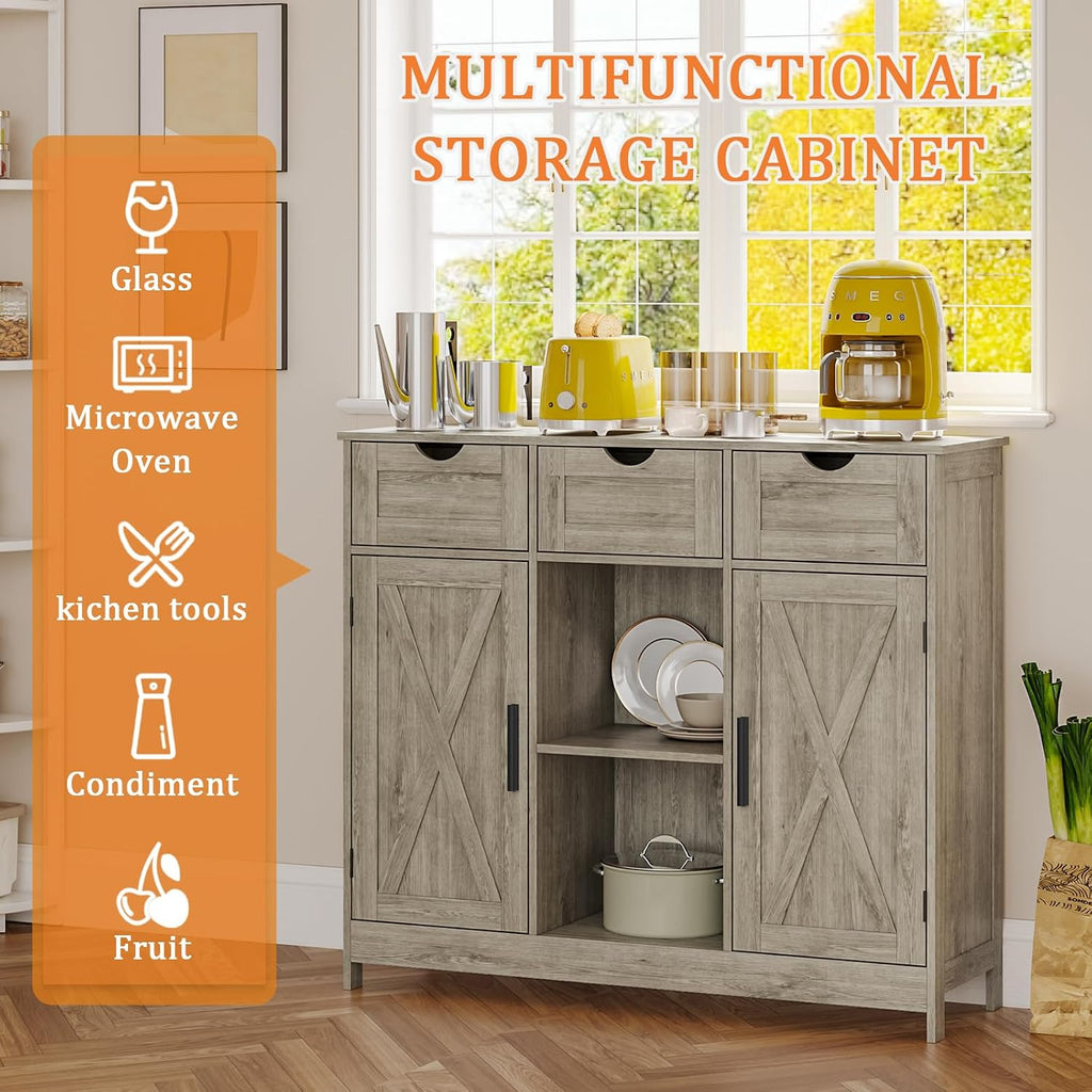 Viaozutis Storage Cabinet, Coffee Bar Cabinet with 2 Adjustable Shelves, 3 Drawers, and 2 Doors, for Bathroom, Kitchen, Living Room (Gray)