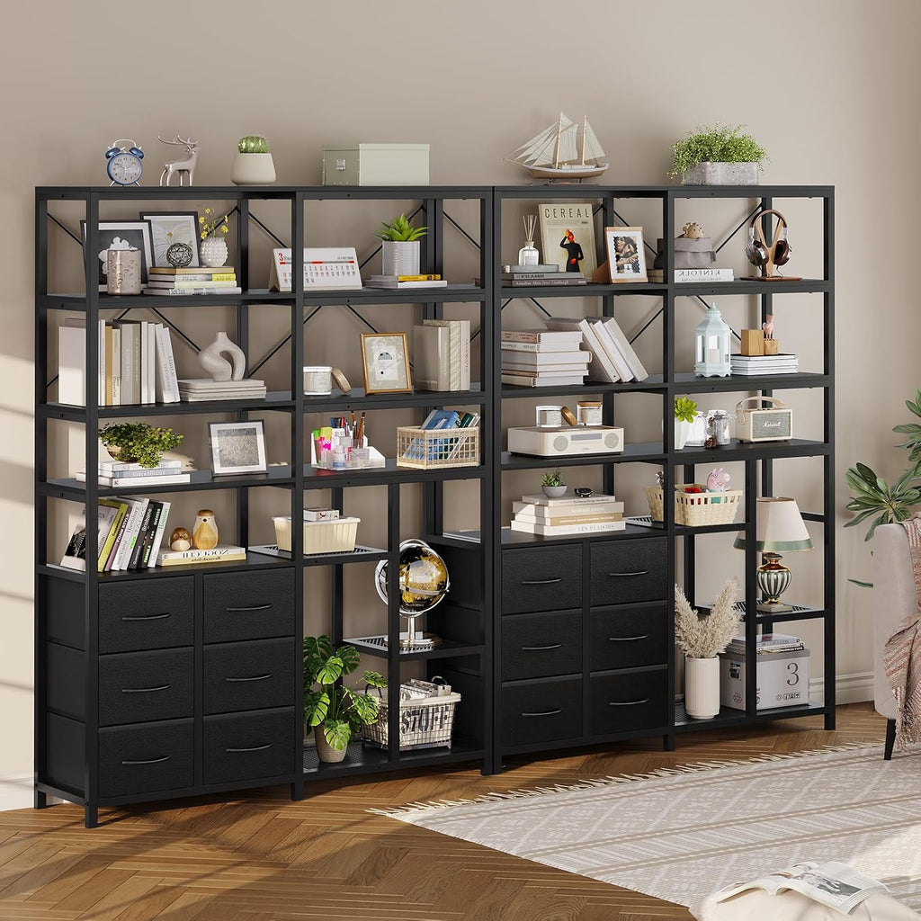 HAUOMS Corner Bookshelf, 7-Tier Bookcases Tall Convertible Book Shelf with 6 Fabric Drawers, Industrial Corner Bookshelves for Living Room, Kitchen, Home Office, Rustic Black