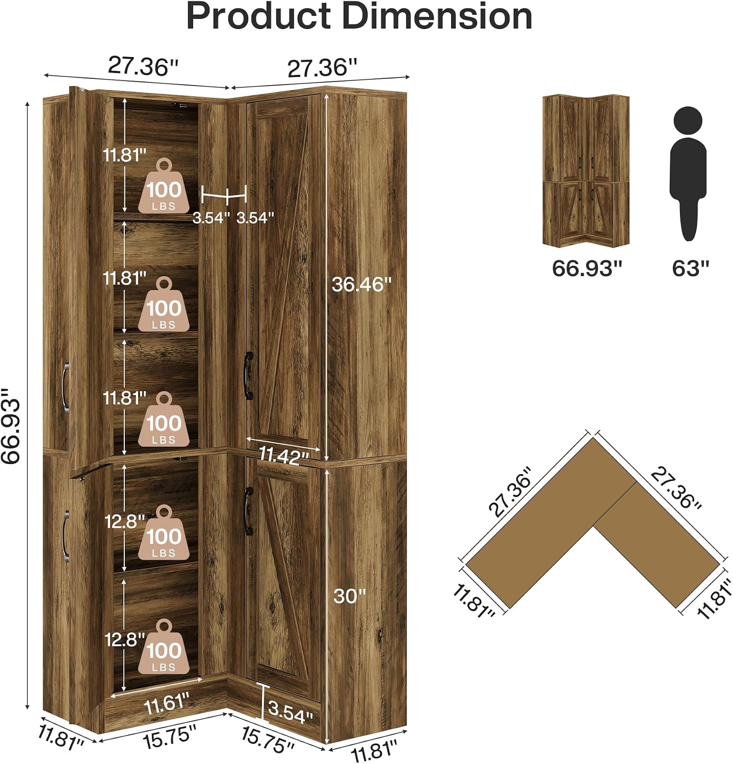 Tribesigns Corner Pantry Cabinet, 67' Tall Kitchen Pantry with Doors and 5-Tier Storage Shelves, Farmhouse Wooden Corner Bar Cabinet for Home, Living Room, Bar, Kitchen, Rustic Brown