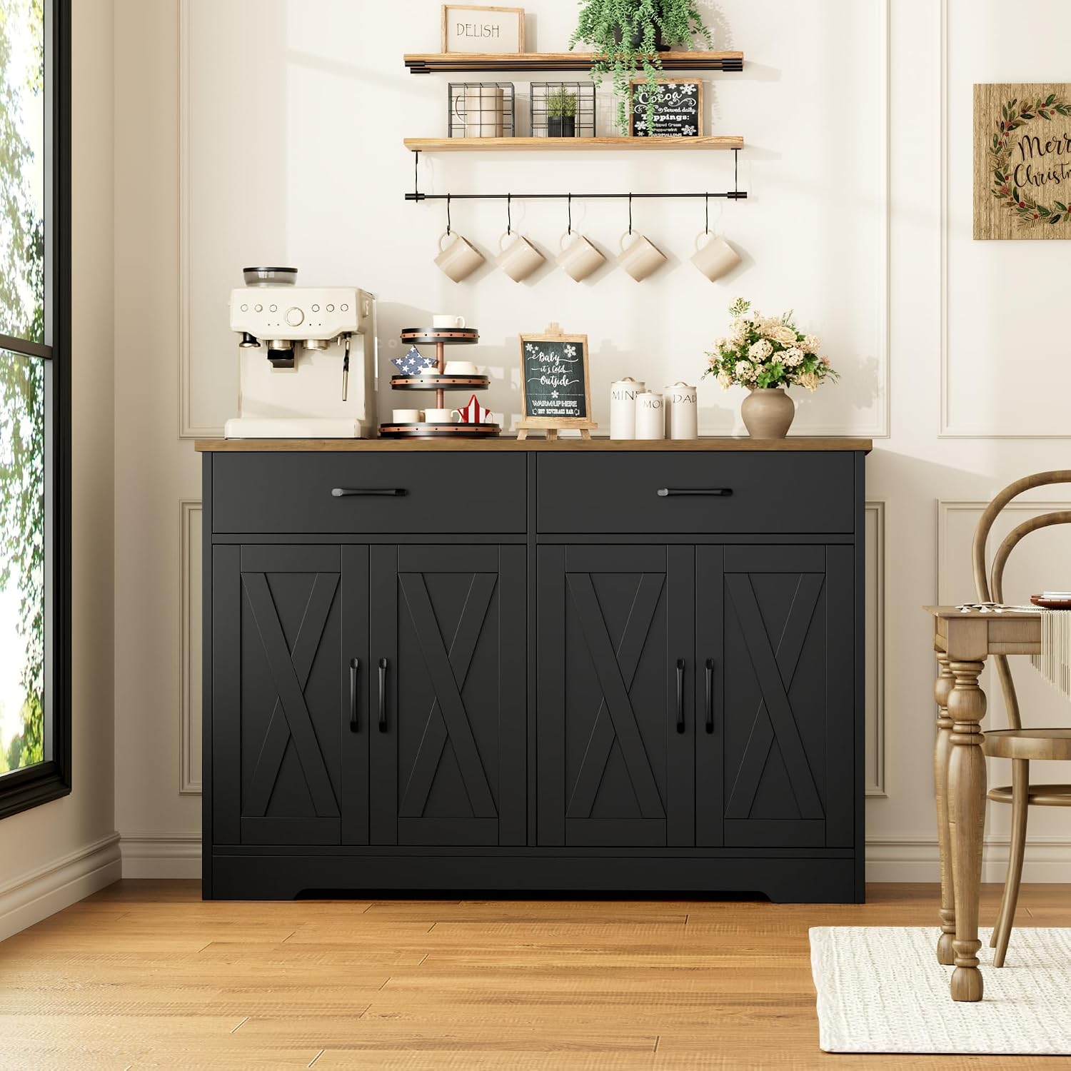 HOSTACK Buffet Cabinet with Storage, 47.2' Kitchen Sideboard Buffet with Drawers, Modern Farmhouse Coffee Bar Station with Shelves, Barn Doors Storage Cabinet for Living Room, Black/Rustic Brown