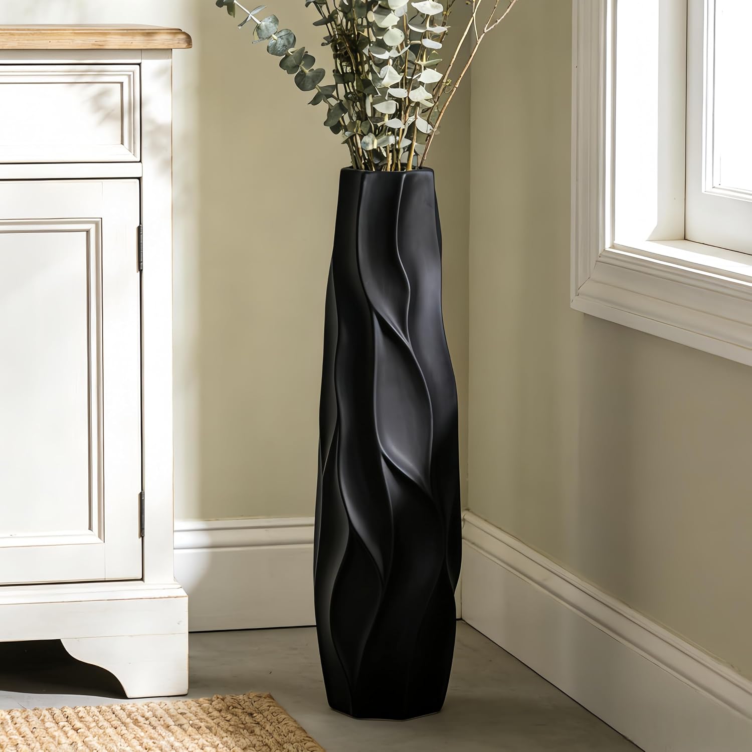 Black Ceramic Floor Vase – 28' Handcrafted Rustic Tall Vase for Dried Flowers and Branches, Large Decorative Vase for Living Room, Entryway & Home Decor