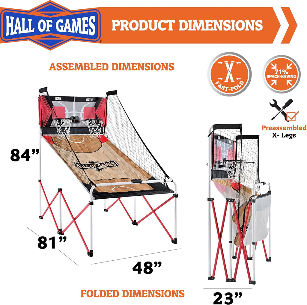 Hall of Games EZ Fold Premium Indoor Arcade Basketball Game with Steel Frame and Polycarbonate Backboard, Dual Shot Electronic Scoring with 6 Size 3 Balls Included, Perfect for Basement Game Rooms