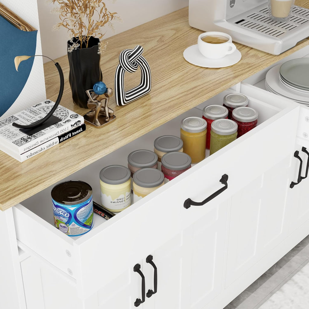48' Farmhouse Freestanding Storage Cabinet, Kitchen Storage Bakers Rack with Drawers, Utility Food Cupboard for Home, White