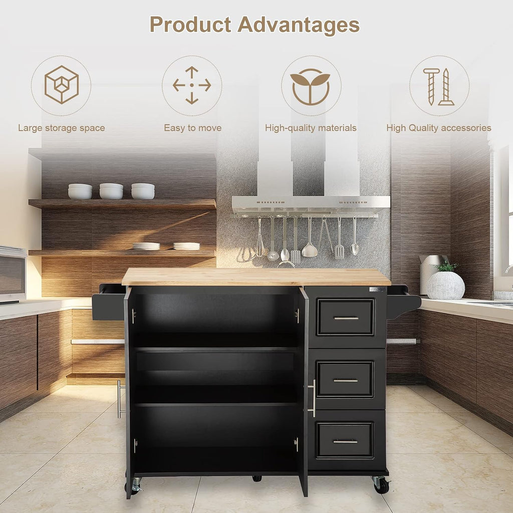 Kitchen Island with Extensible Rubber Wood Table Top Kitchen Bar Serving Cart Mobile Microwave Cart with Spice Rack and Handle Large Trolley Cart Kitchen Bakers Rack with Drawer and Storage Cabinet