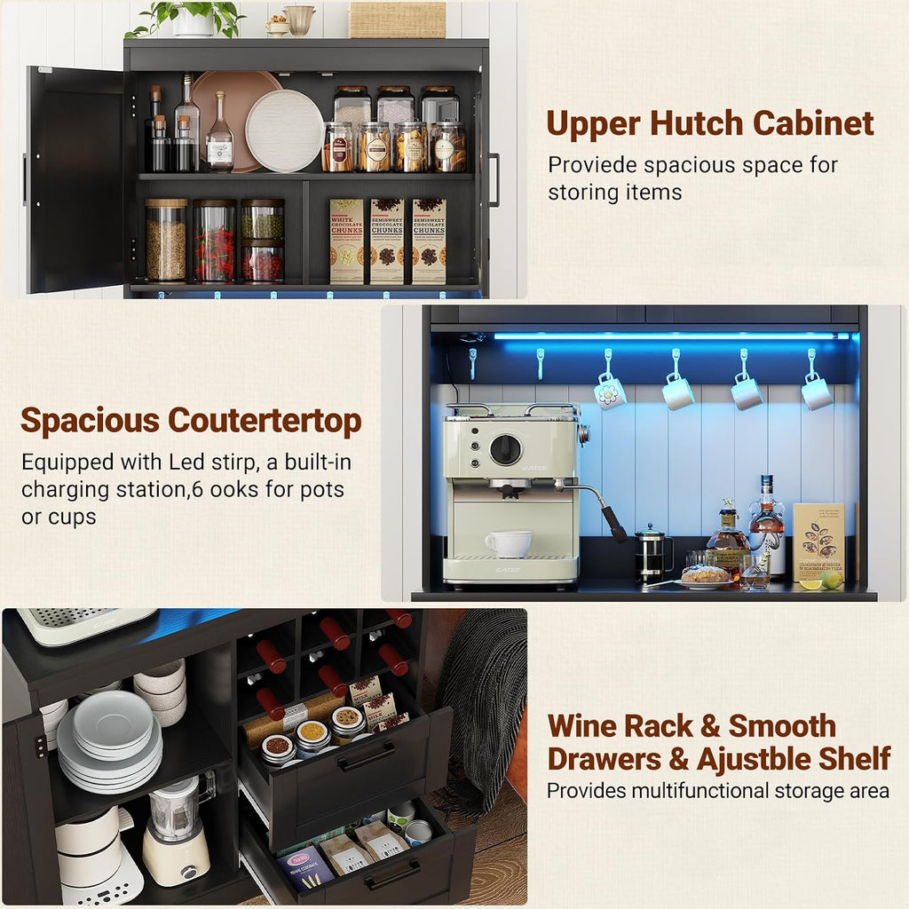 Unikito 72' Tall Pantry Cabinet, Kitchen Pantry Storage Cabinet with LED Light & Outlet, Kitchen Hutch Bar Cabinet with Microwave Stand, Wine Rack, Drawers and Shelves, Cupboard for Dining Room, Black