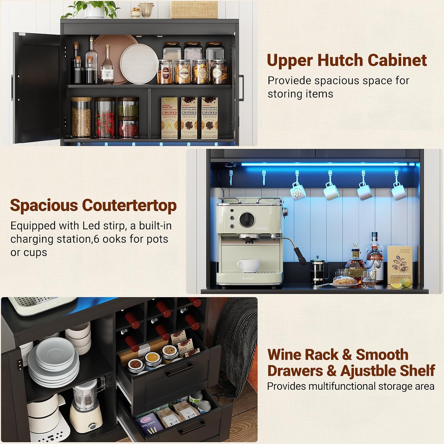 Unikito 72' Tall Pantry Cabinet, Kitchen Pantry Storage Cabinet with LED Light & Outlet, Kitchen Hutch Bar Cabinet with Microwave Stand, Wine Rack, Drawers and Shelves, Cupboard for Dining Room, Black