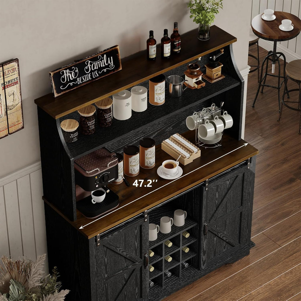 REVOMINCA 47 Inch Farmhouse Coffee Bar Cabinet with 3-Tier Storage, Coffee Bar Hutch with 9 Wine Racks, 3 Glass Holders, 6 Hooks, Kitchen Hutch for Dining Living Room, Black
