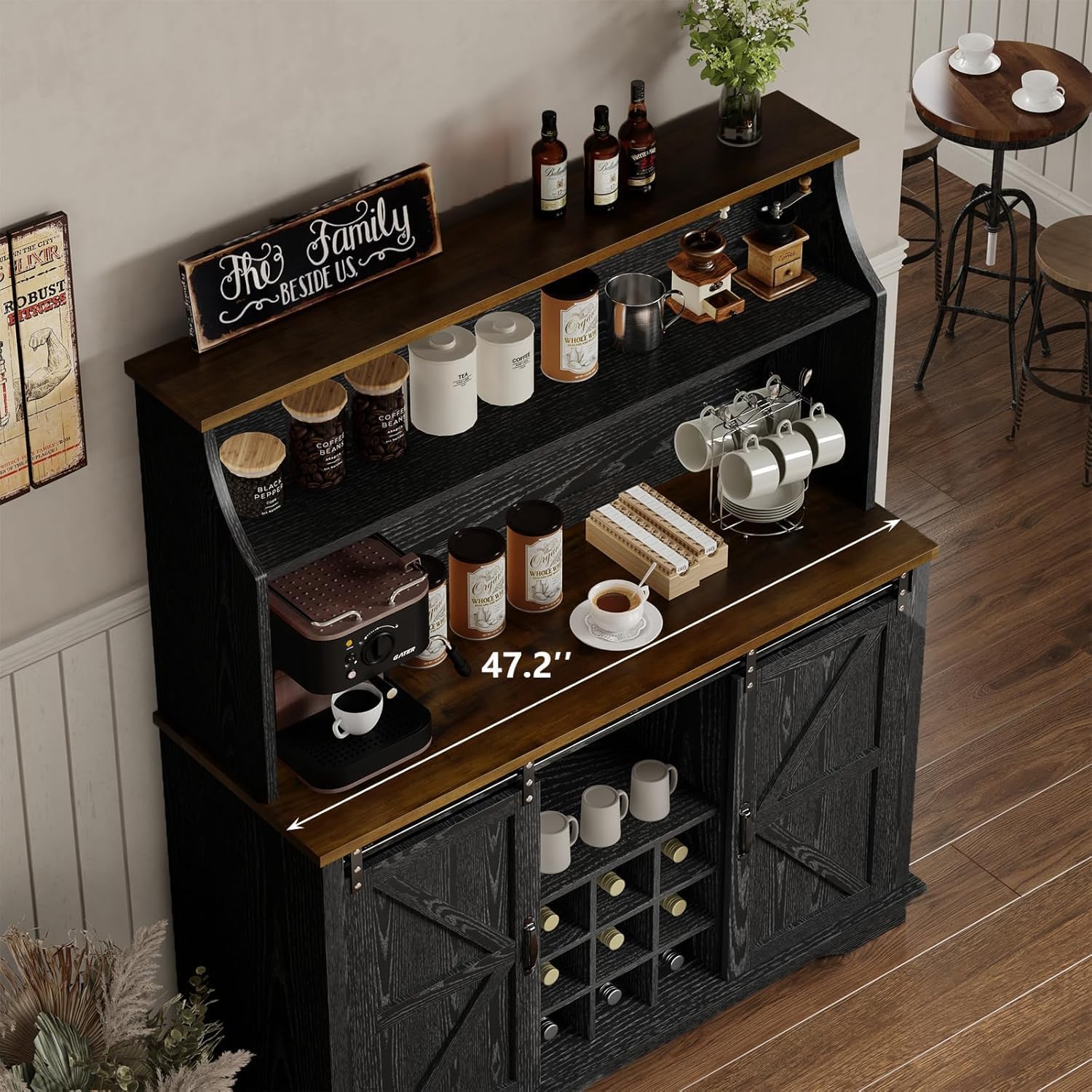 REVOMINCA 47 Inch Farmhouse Coffee Bar Cabinet with 3-Tier Storage, Coffee Bar Hutch with 9 Wine Racks, 3 Glass Holders, 6 Hooks, Kitchen Hutch for Dining Living Room, Black