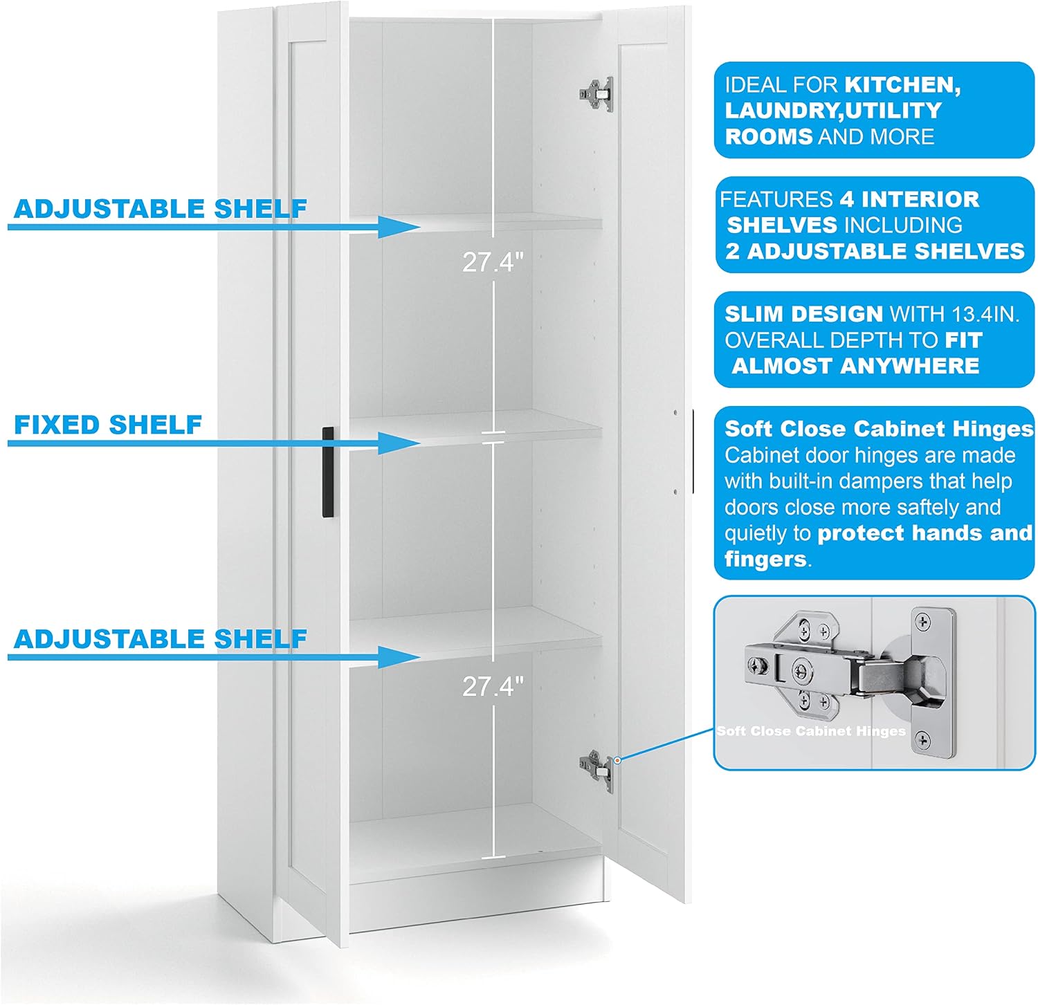 Panana Wooden Storage Cabinet, Narrow Pantry Cabinets Free Standing Tall Storage Cabinet with 2 Doors and Shelves (White)