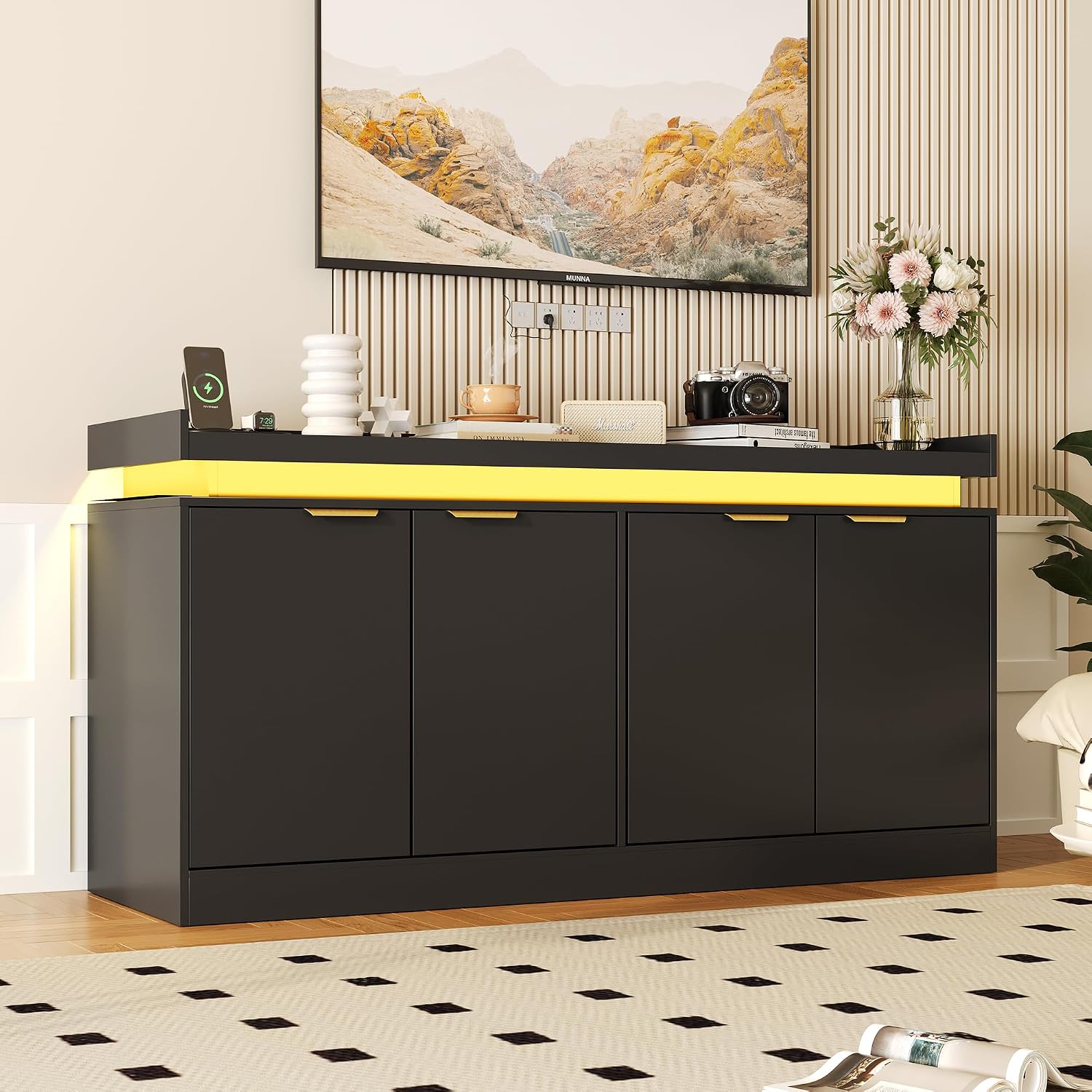 knoworld LED Sideboard Buffet Cabinet with Storage, 63'' Large Kitchen Buffet Cabinet Storage Cabinets with 4 Doors, Wood Coffee Bar Cabinets Buffet Table for Kitchen, Dining Room, Entryway