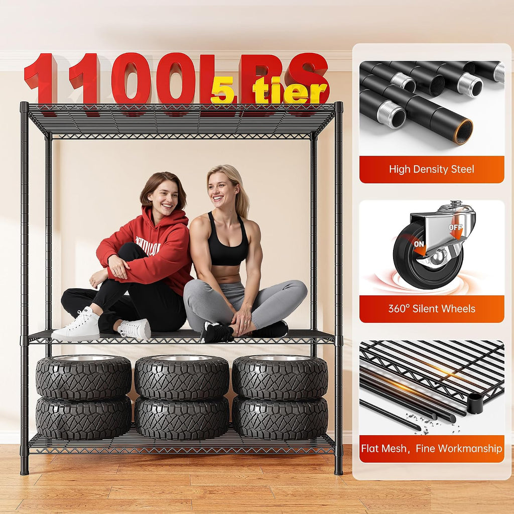 REIBII 45''W Storage Shelves with Cover & Wheels, Metal Shelving Waterproof Dustproof, Wire Shelving Unit Covers, Garage Storage Rack Wire Shelf for Kitchen Pantry, Storage Room, 45Wx17.72Dx72.83H