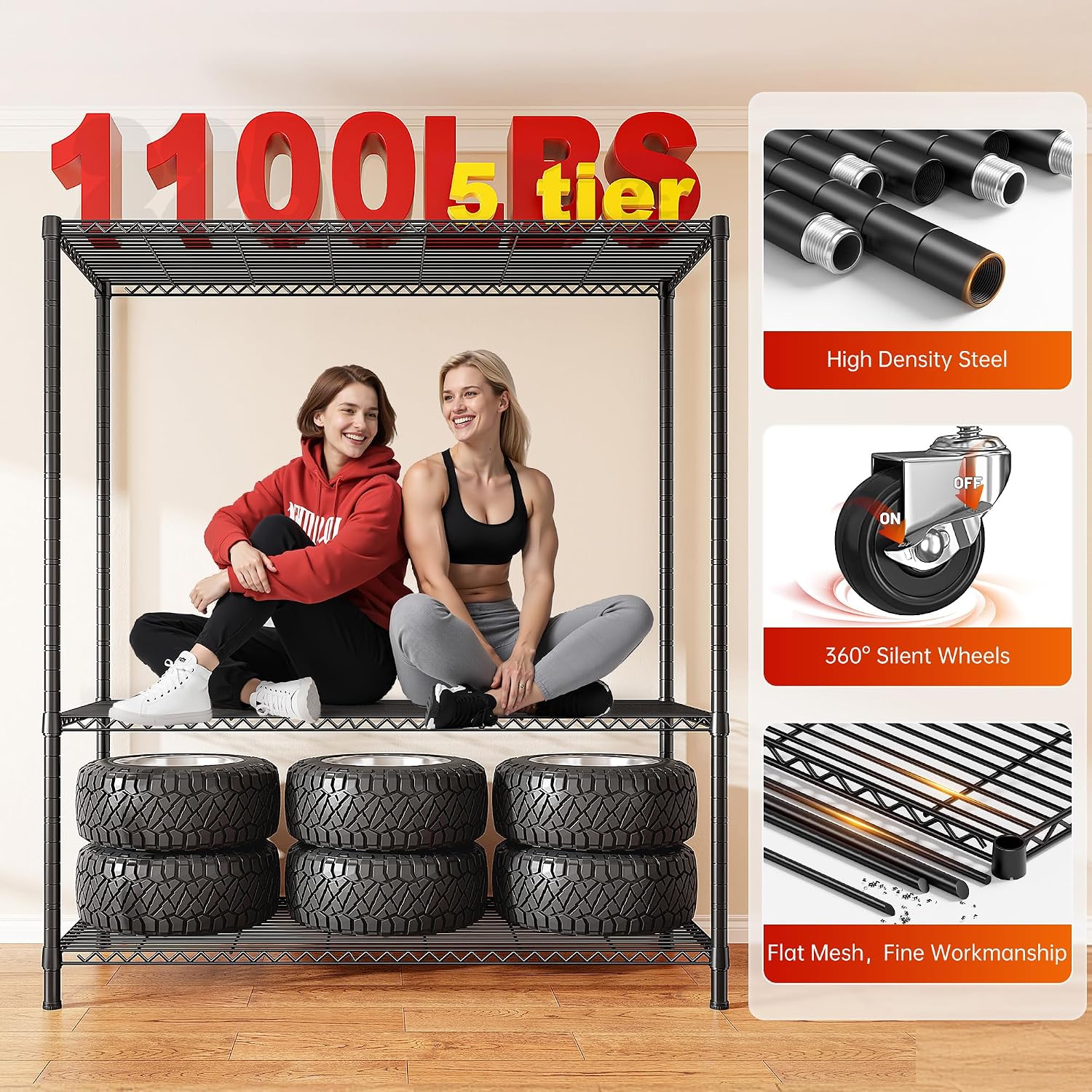 REIBII 45''W Storage Shelves with Cover & Wheels, Metal Shelving Waterproof Dustproof, Wire Shelving Unit Covers, Garage Storage Rack Wire Shelf for Kitchen Pantry, Storage Room, 45Wx17.72Dx72.83H