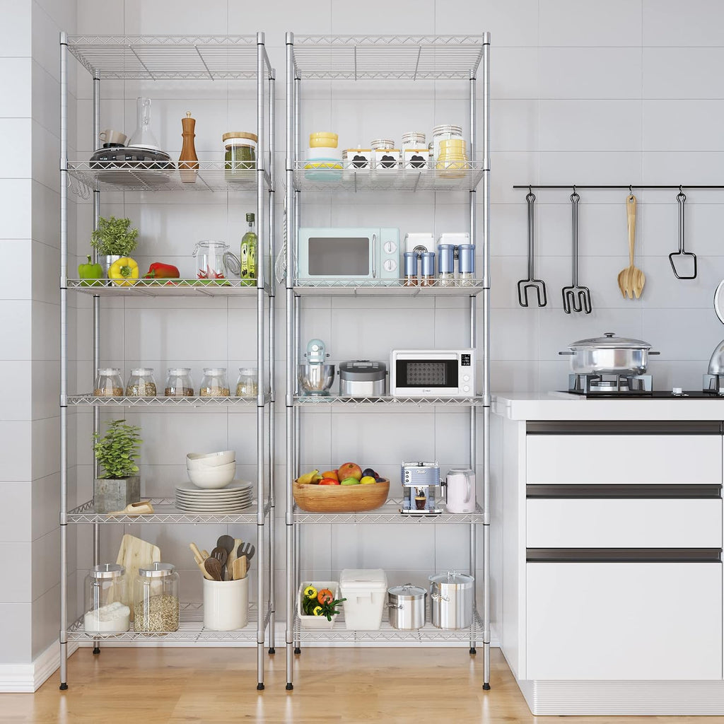 Himimi 6 Tier Storage Shelf Wire Shelving Unit Adjustable Rack Free Standing Organization with Leveling Feet, Stainless Side Hooks for Laundry Bathroom Kitchen Pantry Closet,2-Pack Shelves,Silver