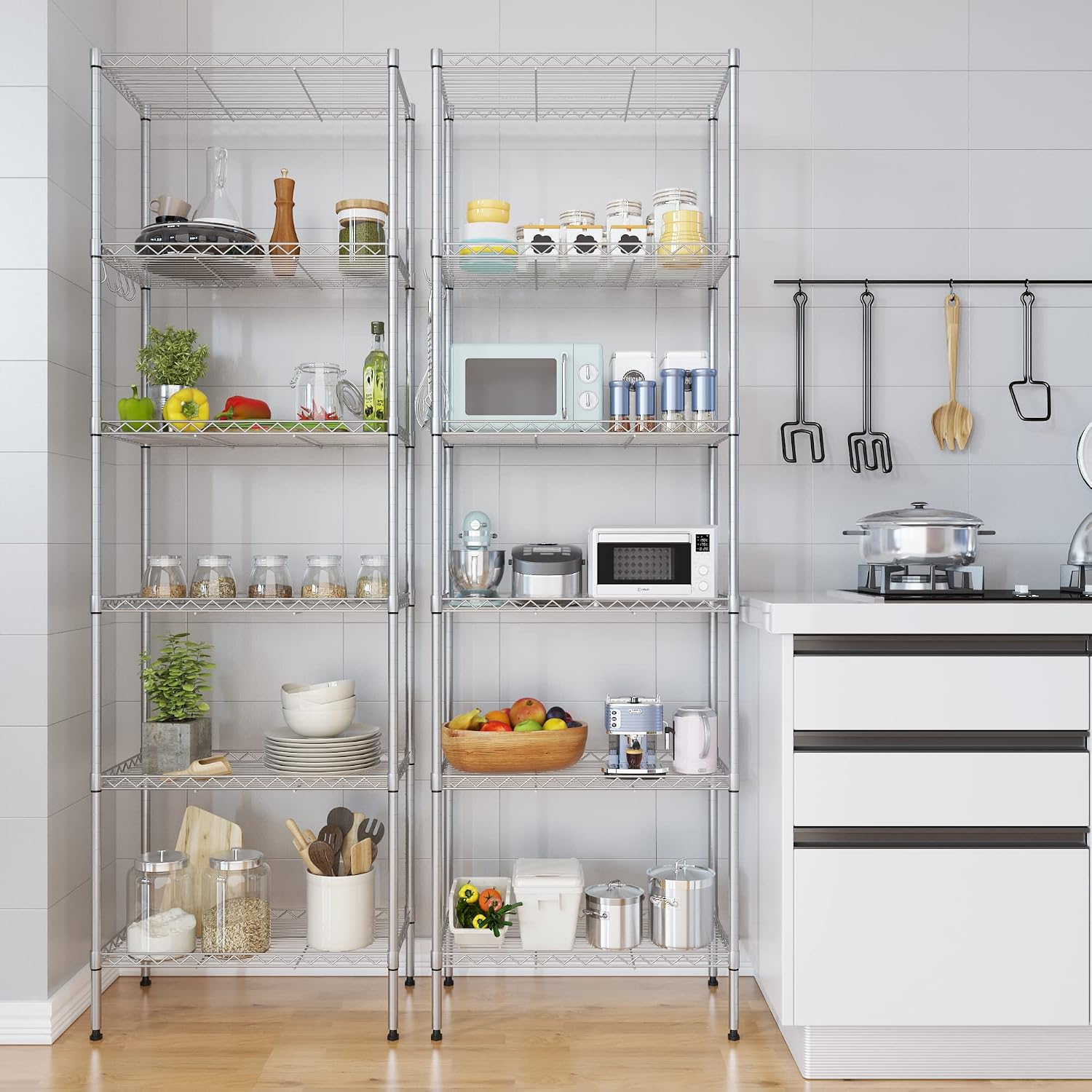 Himimi 6 Tier Storage Shelf Wire Shelving Unit Adjustable Rack Free Standing Organization with Leveling Feet, Stainless Side Hooks for Laundry Bathroom Kitchen Pantry Closet,2-Pack Shelves,Silver