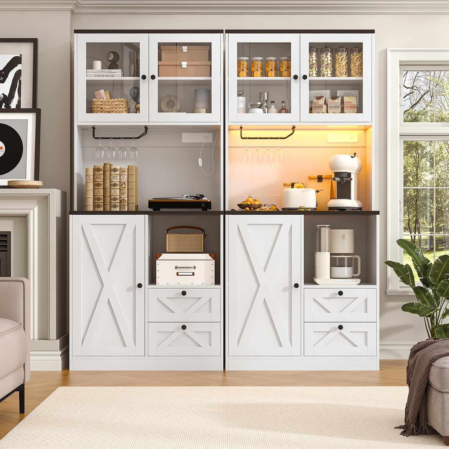 71' Tall Coffee Bar Cabinet with Storage Hutch, Farmhouse Kitchen Pantry Cabinet with LED Lights Microwave Stand and Glass Holder for Home Dining Room Kitchen,White