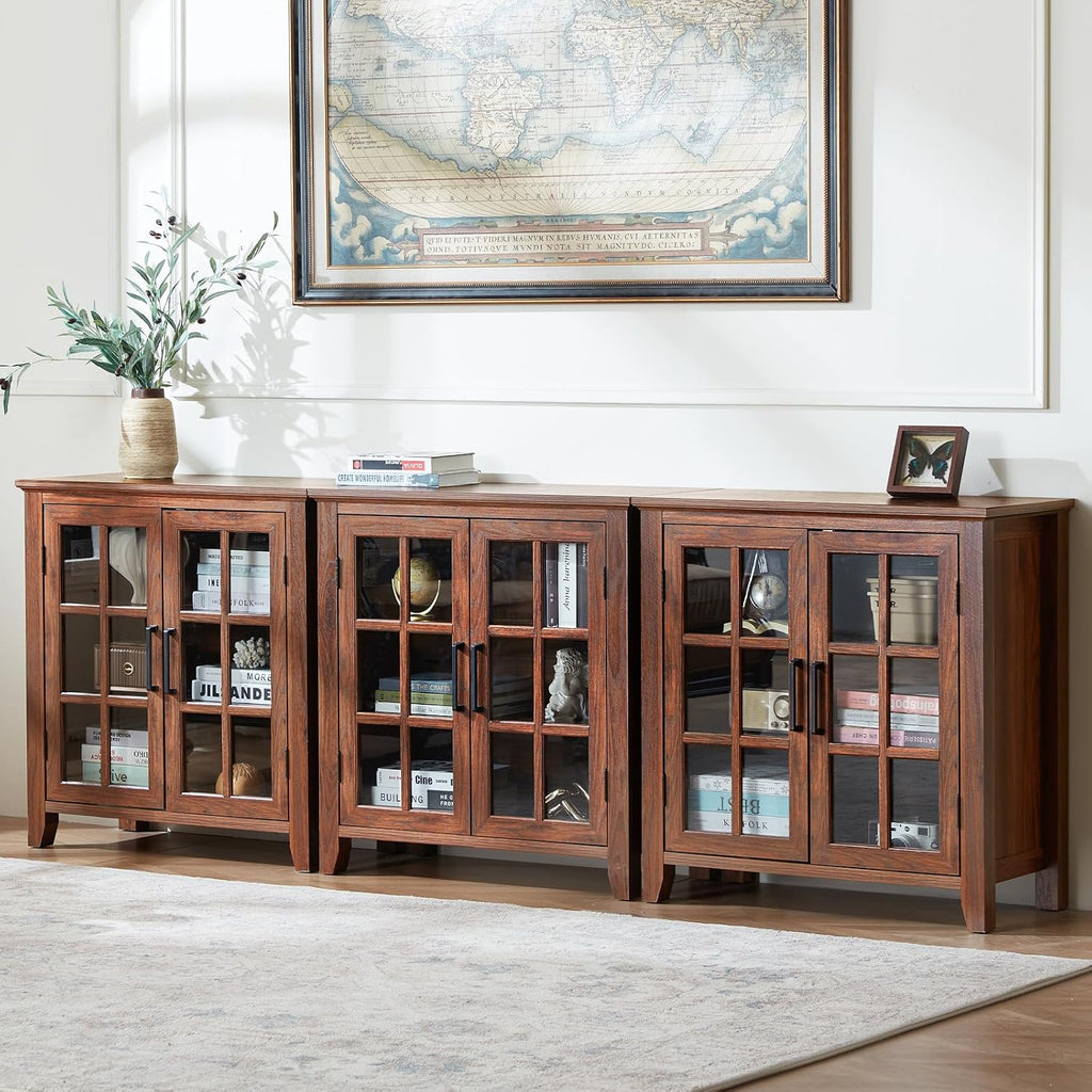 Large Sideboard Buffet Cabinet with Storage, 32' Farmhouse Brown Kitchen Coffee Wine Bar Cabinet with 2 Glass Doors, Wood Mid Century Modern Side Board Table for Dining Room, Living Room (2PCS)