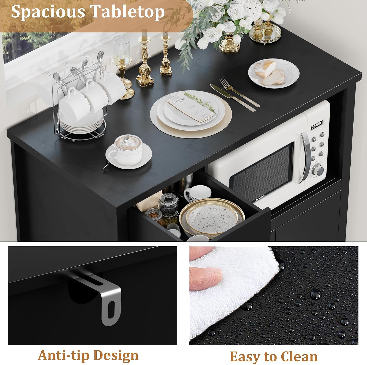 Senfot Kitchen Microwave Cabinet with Storage and Drawers, Modern Small Buffet Cabinet with Glass Doors and Adjustable Shelf, Wooden Sideboard with Wide Top for Dining Room, Living Room, Black