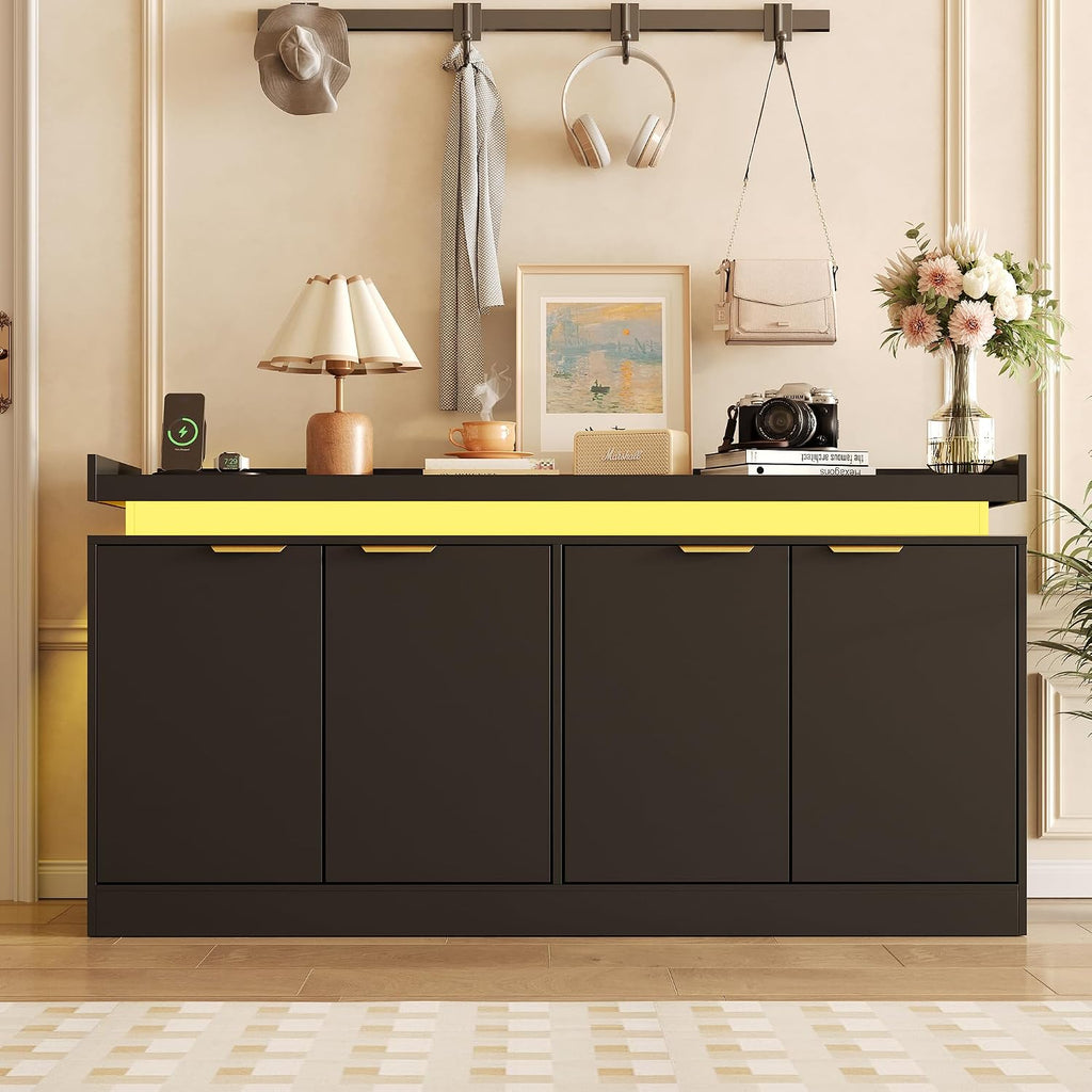 knoworld LED Sideboard Buffet Cabinet with Storage, 63'' Large Kitchen Buffet Cabinet Storage Cabinets with 4 Doors, Wood Coffee Bar Cabinets Buffet Table for Kitchen, Dining Room, Entryway