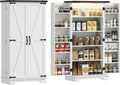 HOMCOM 47' LED Kitchen Pantry Cabinet, Farmhouse Storage Cabinet with 5 Deep Shelves and 12 Door Shelves, Freestanding Food Pantry with Barn Door, White