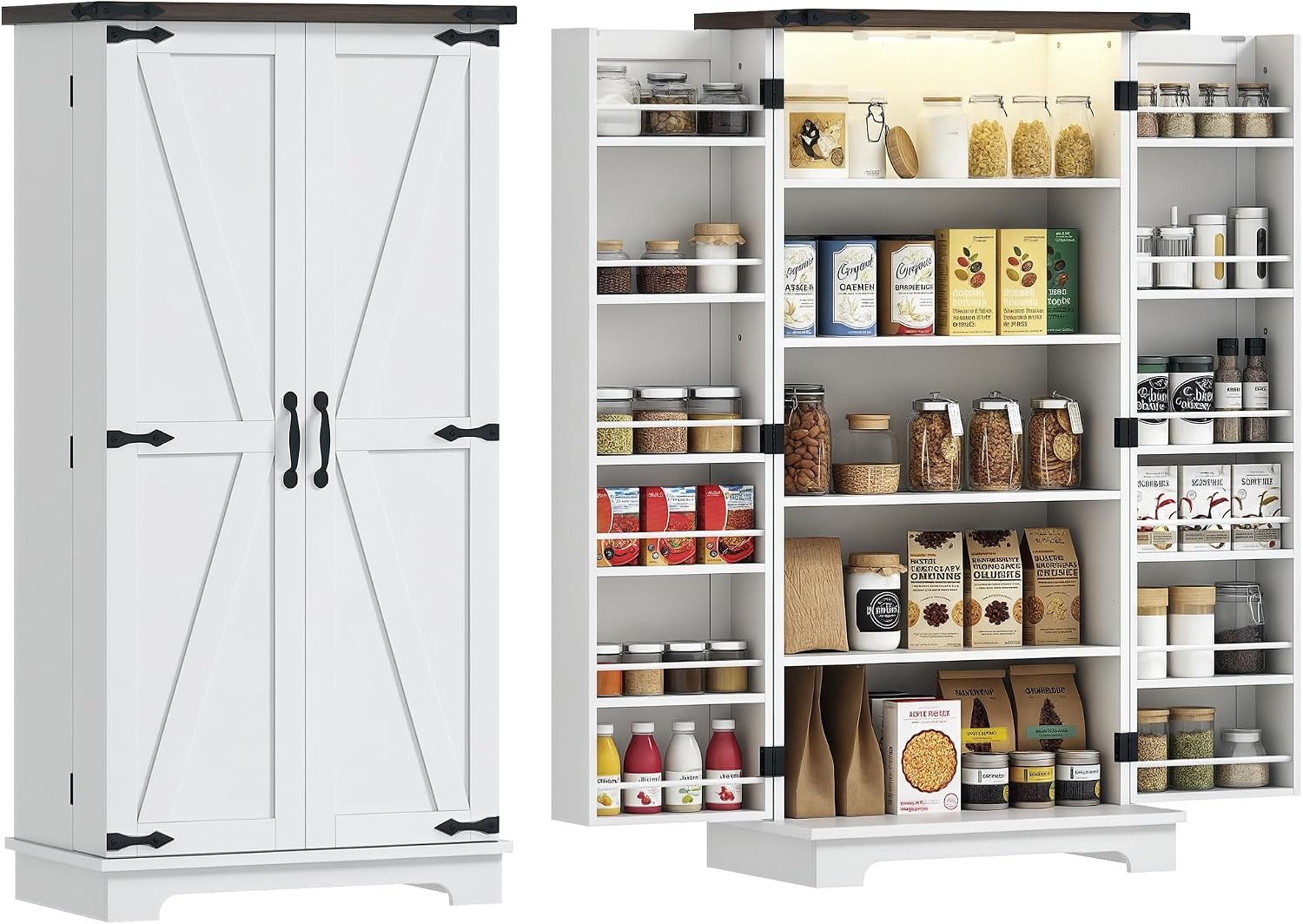 HOMCOM 47' LED Kitchen Pantry Cabinet, Farmhouse Storage Cabinet with 5 Deep Shelves and 12 Door Shelves, Freestanding Food Pantry with Barn Door, White