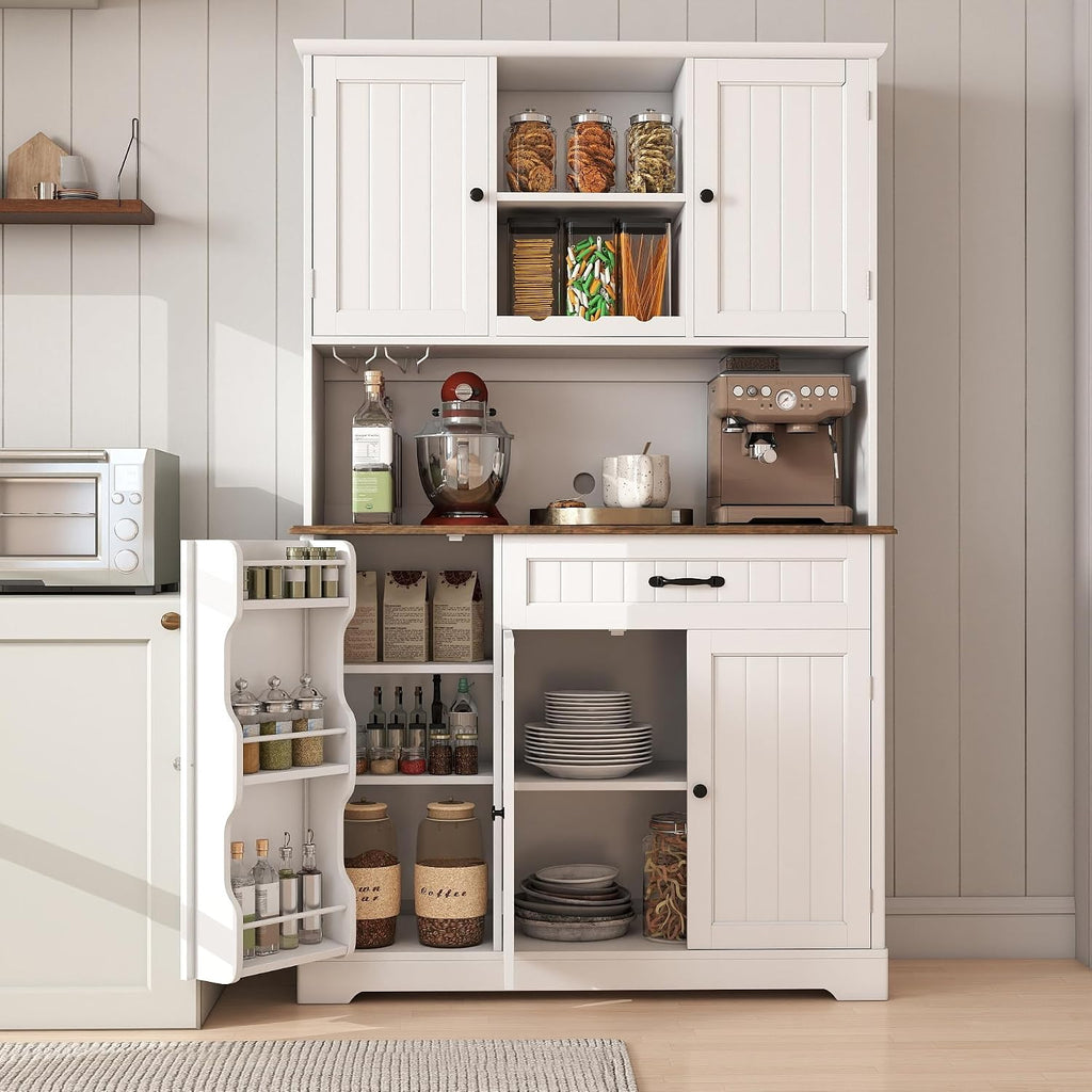 Gizoon Kitchen Pantry Cabinet with Countertop Kitchen Hutch Storage Cabinet 67.7' Tall Pantry Coffee Bar with Storage for Dining Room and Craft Room, White and Rustic