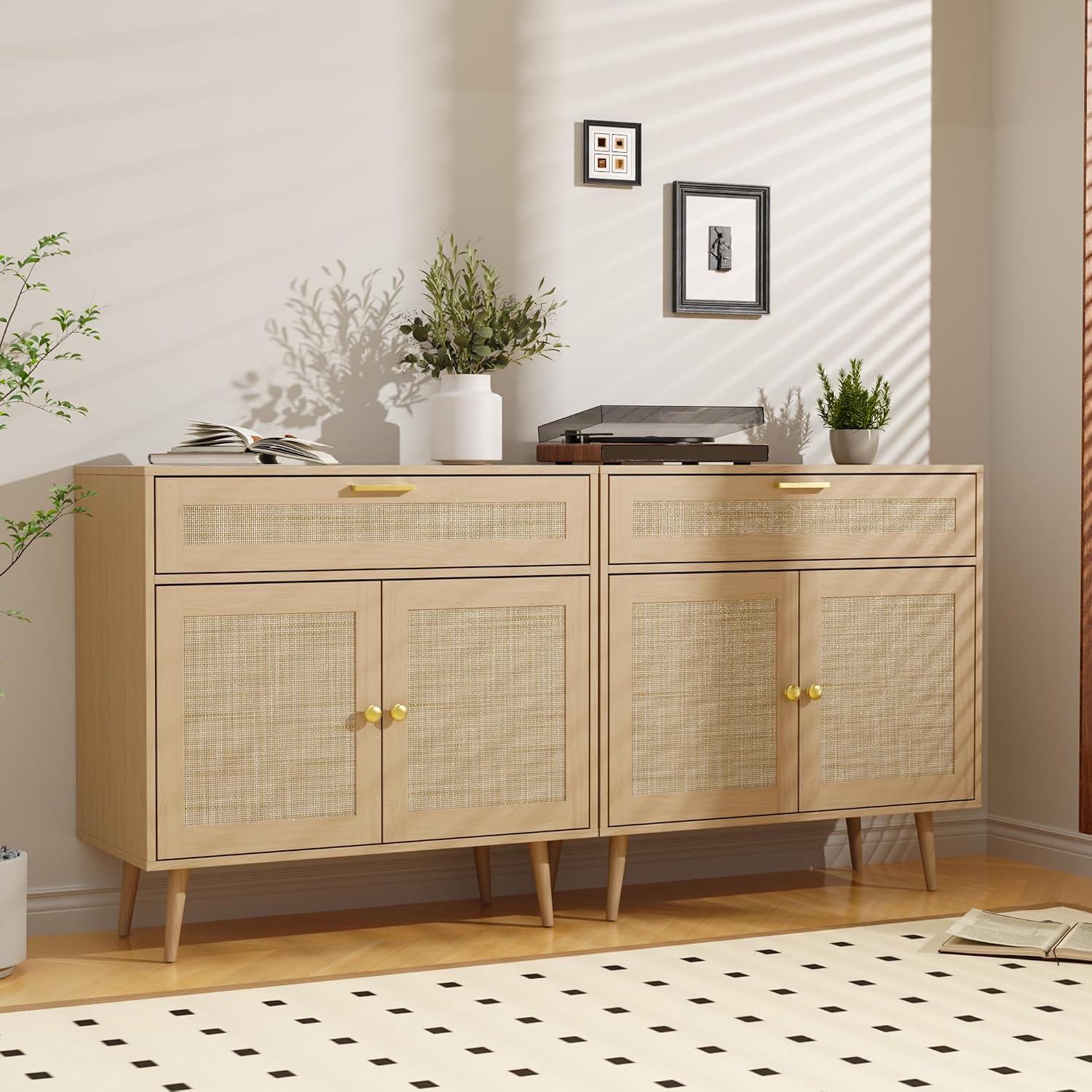 Furnify Rattan Sideboard Buffet Set of 2, Boho Kitchen Cabinet with Drawer & 2 Doors, Modern Mid Century Accent Cabinet with Adjustable Shelf, Coffee Bar for Living Room, Entryway, Kitchen, Oak