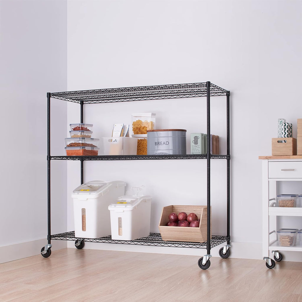 Trinity Basics 3-Tier Adjustable Wire Shelving with Wheels for Kitchen Organization, Garage Storage, Laundry Room, NSF Certified, 600 to 1350 Pound Capacity, 60' by 24' by 54', Black