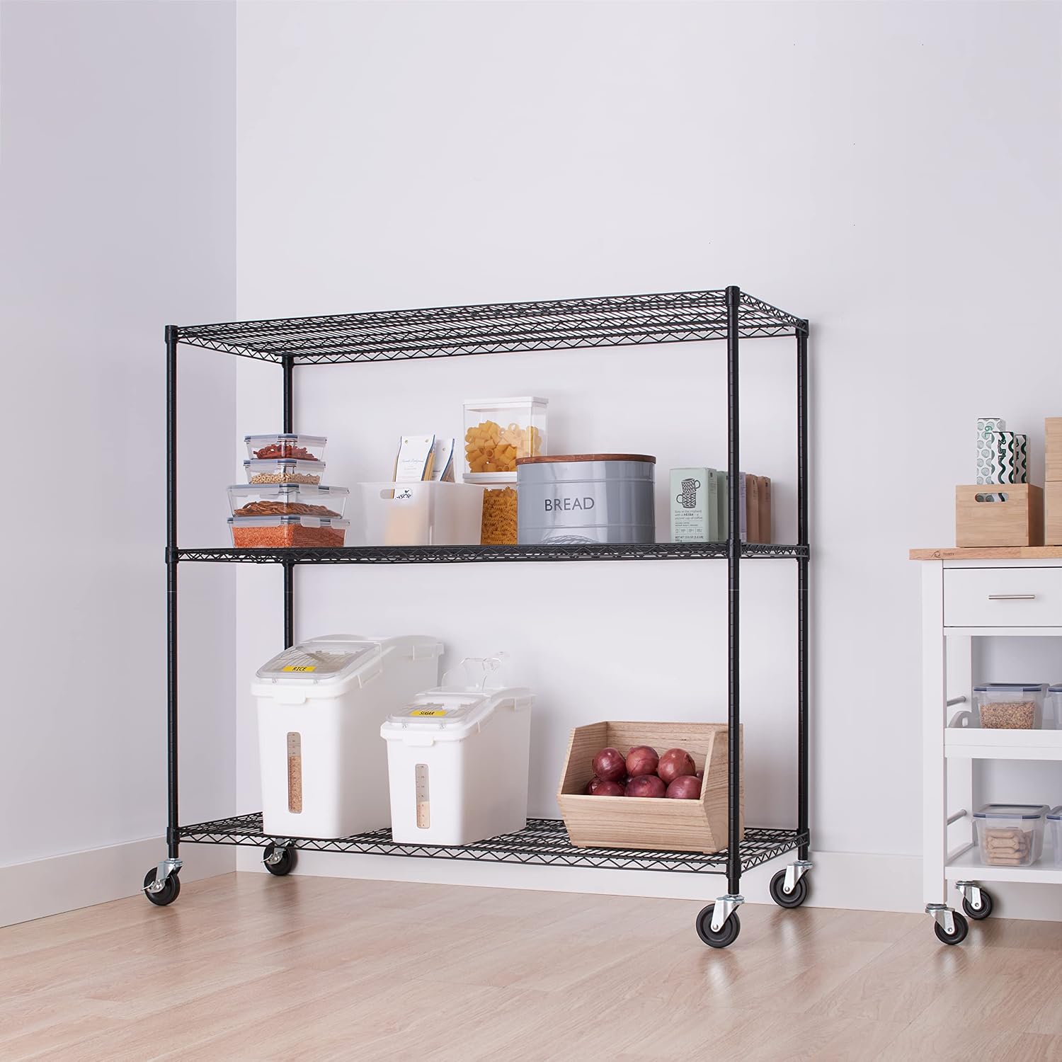 Trinity Basics 3-Tier Adjustable Wire Shelving with Wheels for Kitchen Organization, Garage Storage, Laundry Room, NSF Certified, 600 to 1350 Pound Capacity, 60' by 24' by 54', Black