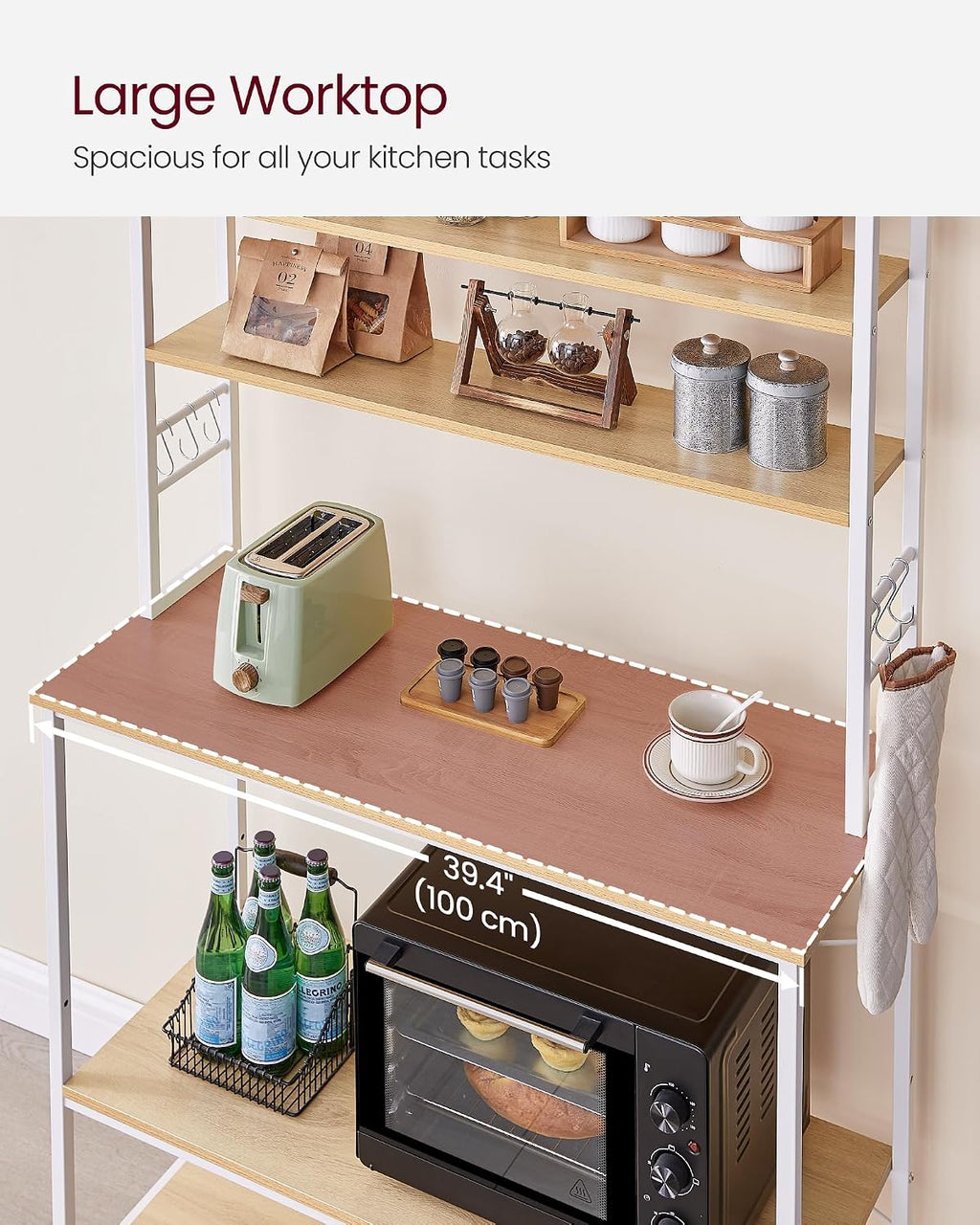 VASAGLE Coffee Bar, 39.4 Inches Baker's Rack for Kitchen with Storage, 6-Tier Kitchen Shelves with 6 Hooks, Microwave Stand, Modern, Golden Oak and Cloud White UKKS039Y09