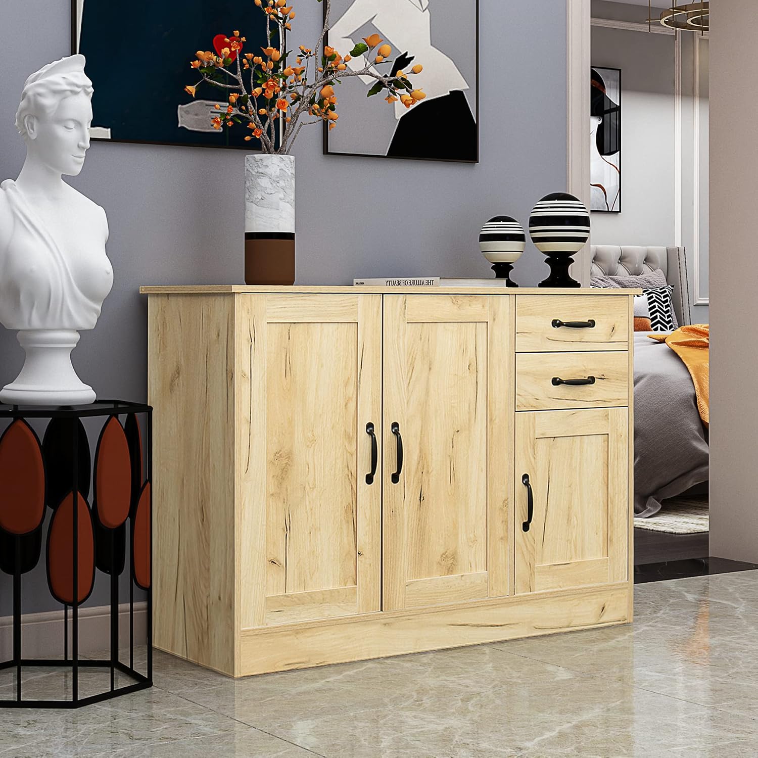 43' Modern Wood Freestanding Storage Cabinet, Kitchen Storage Bakers Rack with Easy Cleaning, Utility Food Cupboard with 2 Drawers for Dining Room, Oak
