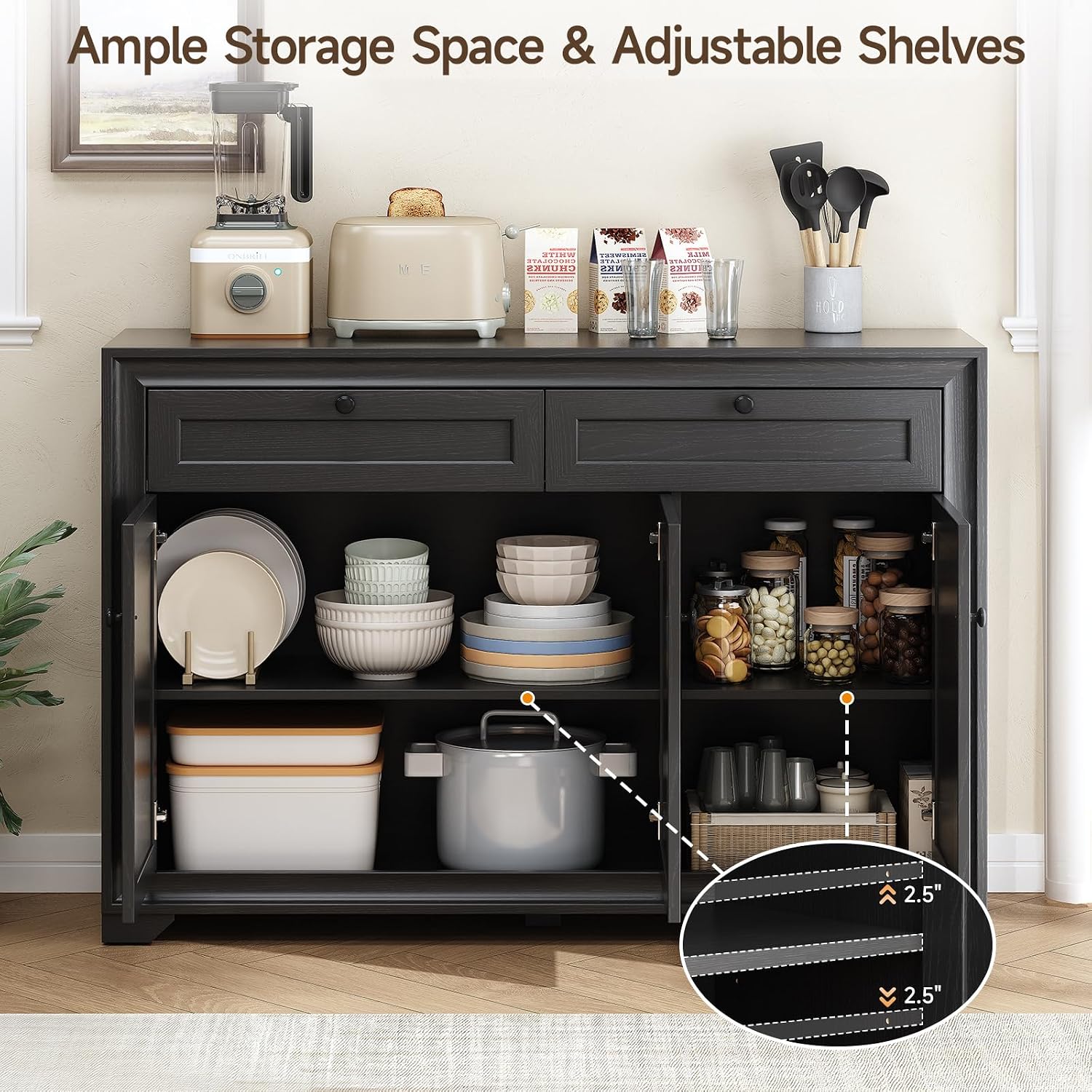 ONBRILL 48 Inches Sideboard Buffet Cabinet with Storage, Farmhouse Sideboard with 2 Drawers and 3 Doors, Wood Coffee Bar Cabinet with Adjustable Shelves for Living Room, Kitchen, Hallway, Black