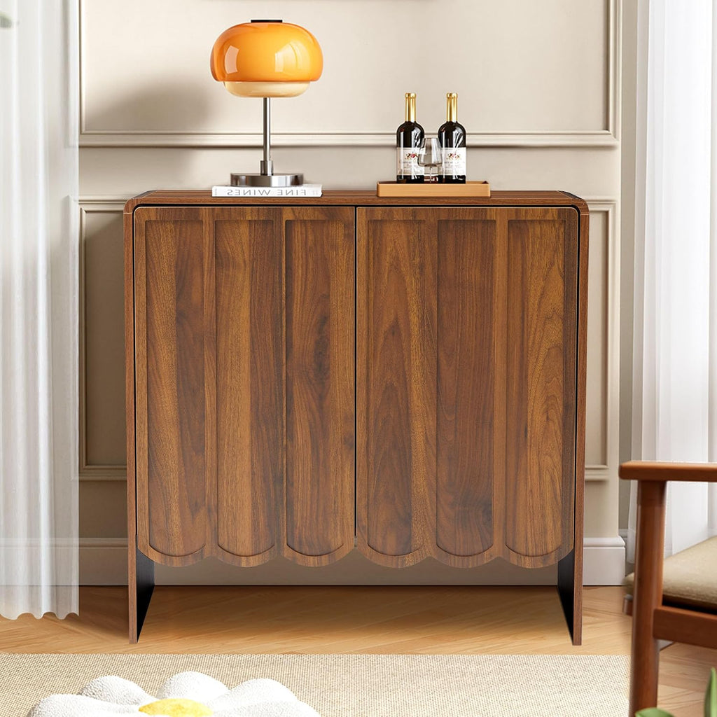 ORRD Sideboard Buffet Cabinet Set of 2, Accent Storage Cabinets with 2 Doors, Farmhouse Wood Cabinet with Adjustable Shelves and Wave Panel for Living Room, Dining Room, Entry - Walnut