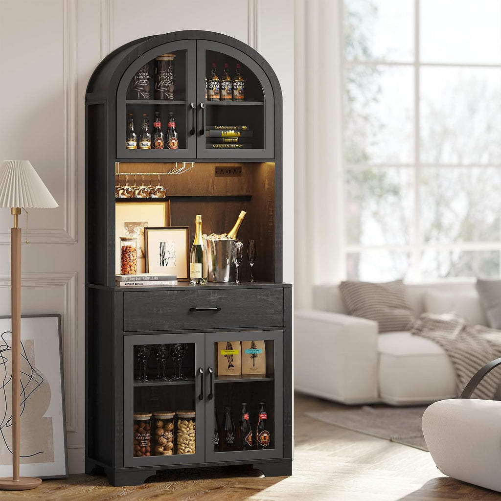 75' Tall Arched Pantry Cabinet with Charging Station & LED Light, Kitchen Pantry Cabinet with Microwave Stand, Drawers and Adjustable Shelf, Coffee Bar Liquor Cabinet for Dining Room
