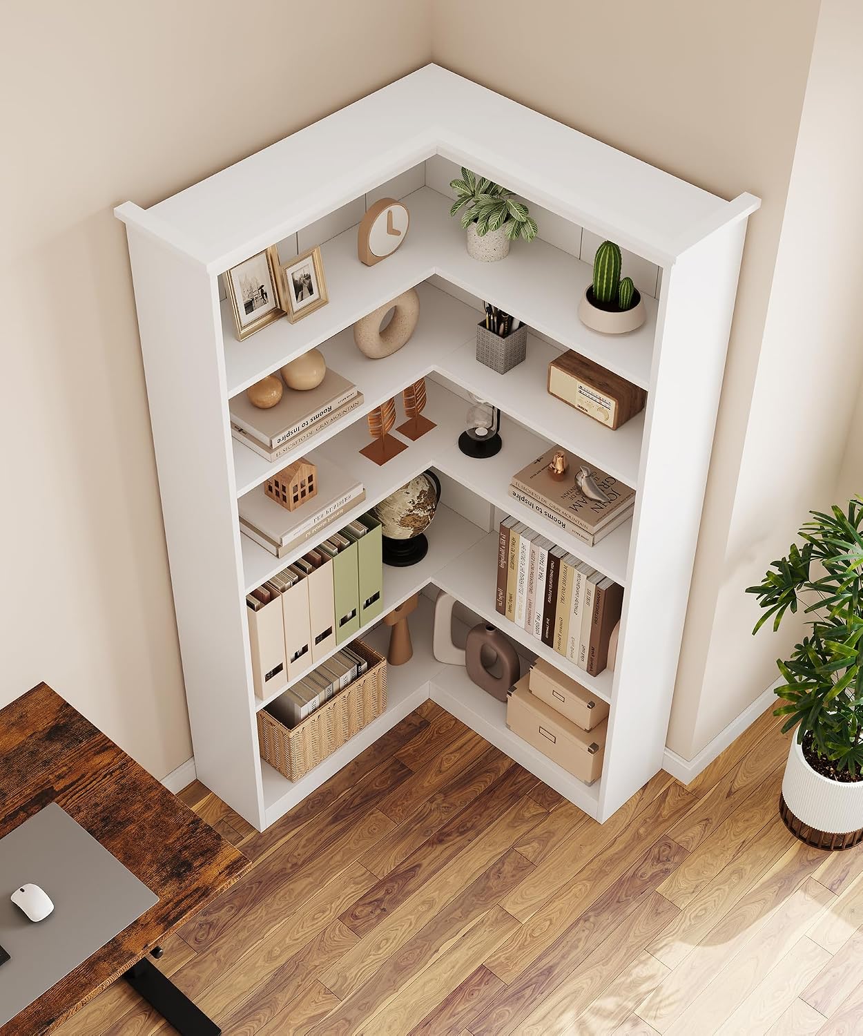IDEALHOUSE Corner Bookshelf 72.8in Farmhouse Bookcase Large Bookshelves Wood Bookcase Tall 5 Tier Corner Shelf L Shaped Bookshelf Storage Display Rack Living Room Bedroom (White, Full Panel)