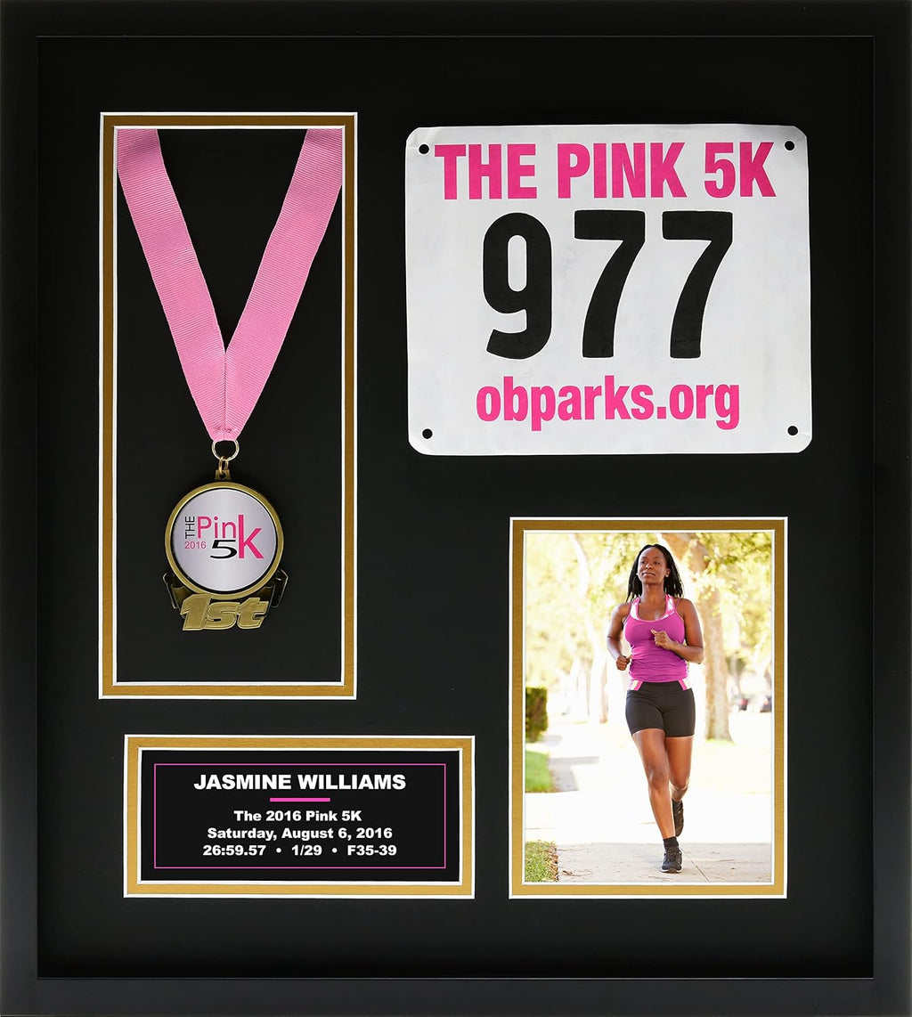 Runners/Sports Pro Display Frame for Medal Award, Racing Bib/Other, Photo & Printed Graphic Info Insert for Marathon Event, 10K, 5K, Triathlon, Biking, Swimming & Other Sport, Academic, Artistic, etc. Achievements (Black/Gold Mats)