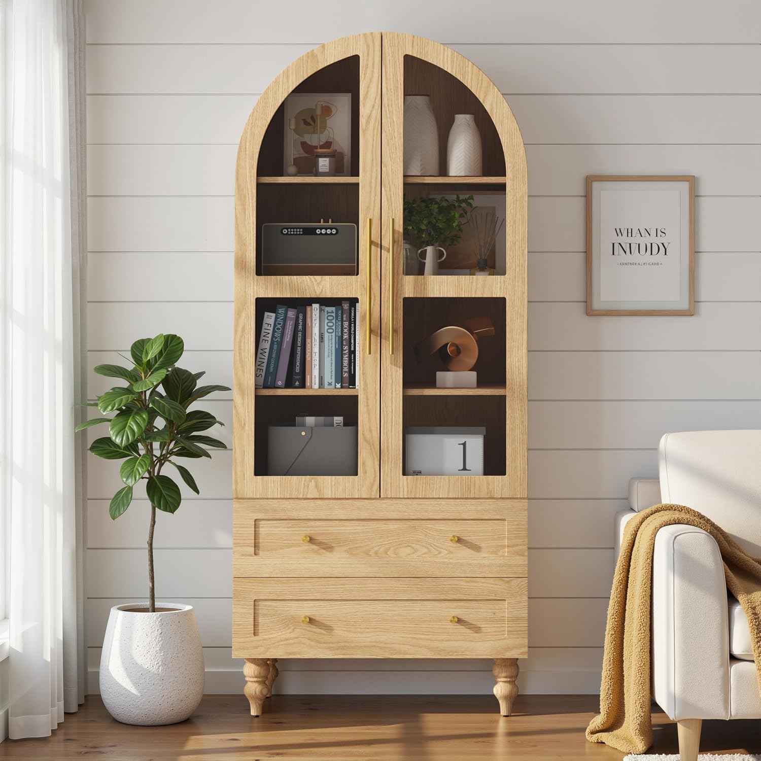 Vongrasig 71' Tall Arched Kitchen Pantry Storage Cabinet with Glass Doors, 2 Large Drawers, 6-Tier Tall Rustic Wood Cupboard Locker for Kitchen, Dining Room, Living Room, Bathroom,Natural