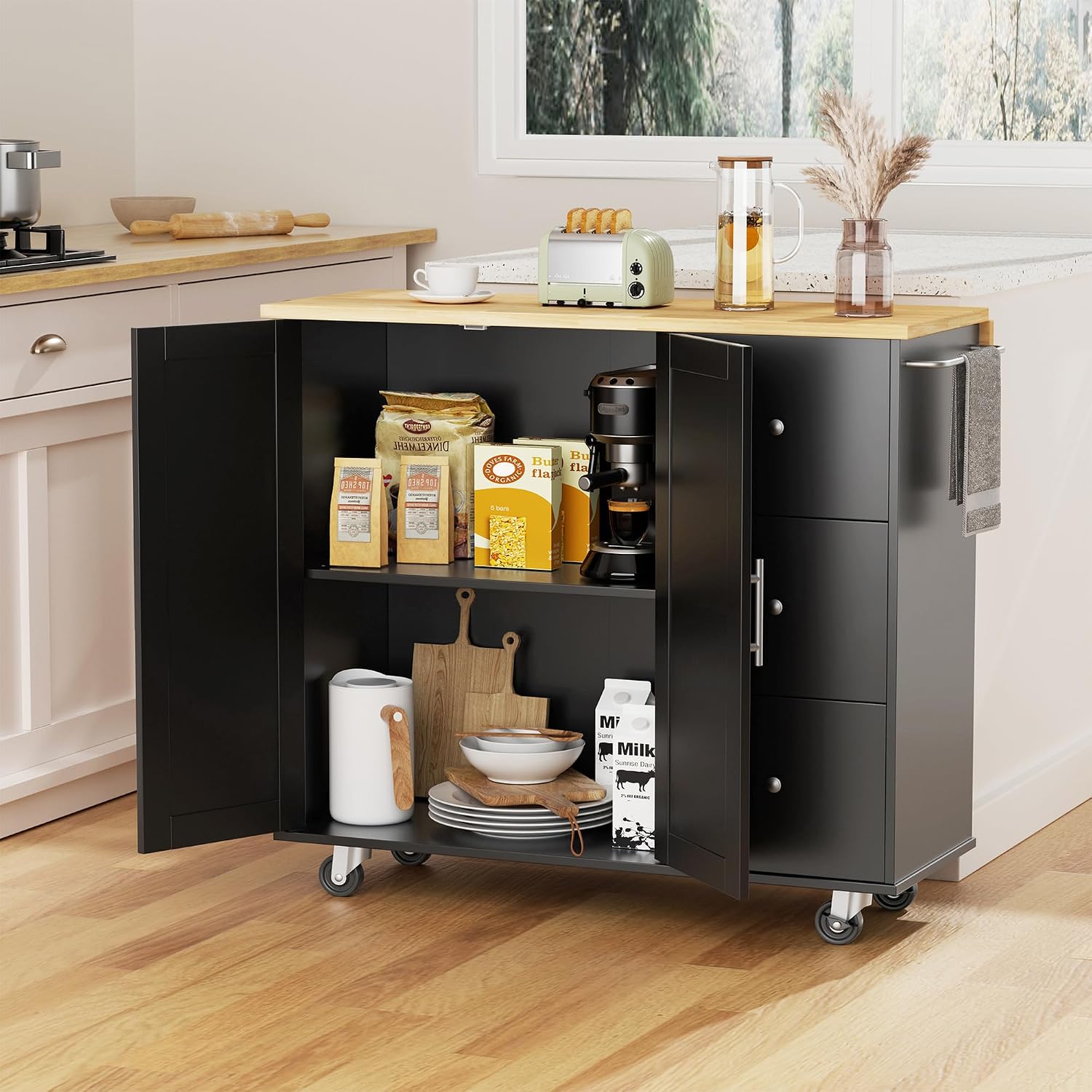 JY QAQA 40' Kitchen Island Cart Furniture cart on Wheels Rolling Portable Dining Room Serving Utility Carts Mobile Movable with Drawers Cabinet,Black