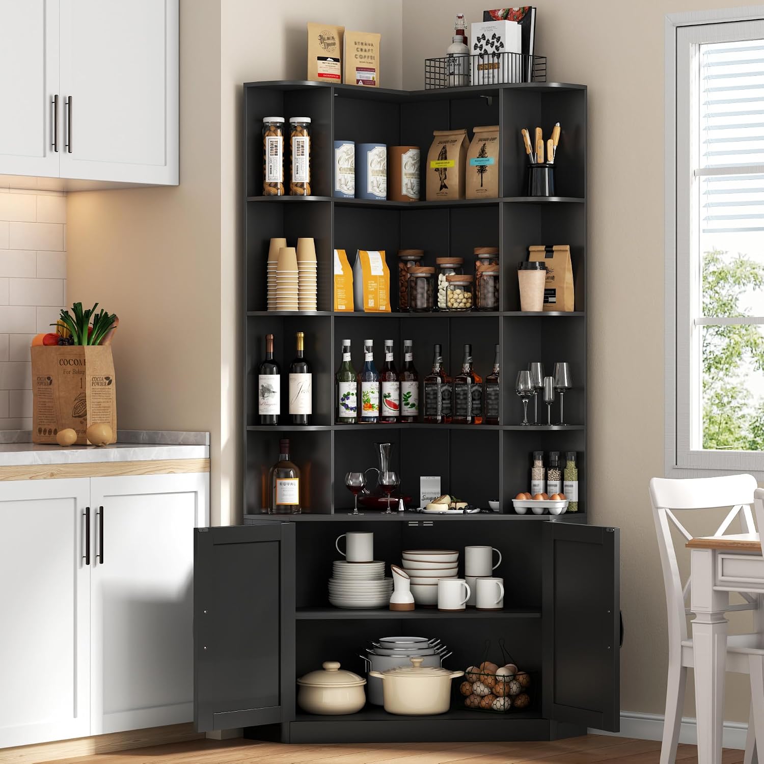 Corner Bookshelf with Doors, 6 Tier Corner Bookcase with Storage Cabinet, Black L-Shaped Book Shelf with 8 Open Racks , Farmhouse Etagere Bookshelf with Full Baffle for Living Room Home Office
