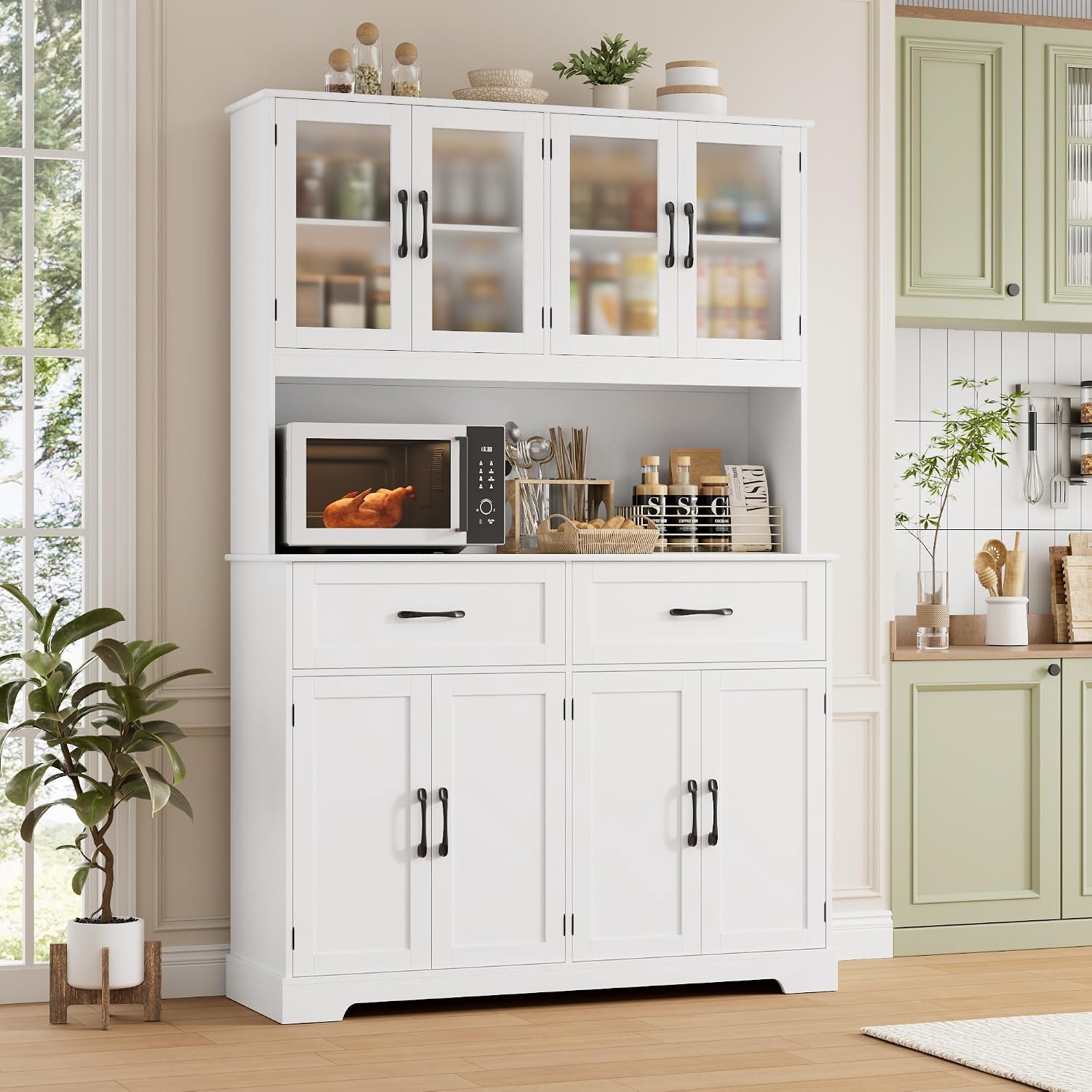 BOTLOG Pantry Storage Cabinet with Microwave Stand, 71' Tall Kitchen Hutch, Large White Pantry Cabinet with Glass Doors for Dining Room