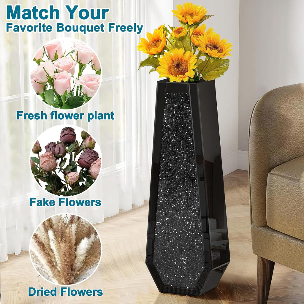 30' Tall Crushed Diamond Floor Vase, Black Large Vases for Decor Living Room, Crystal Mirrored Home Decor Vases for Dried Flower