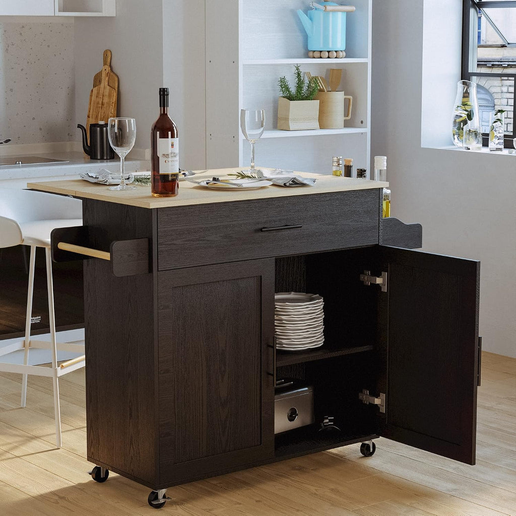 IRONCK Rolling Kitchen Island Table on Wheels with Drop Leaf, Storage Cabinet, Drawer, Spice/Towel Rack, Kitchen Cart, 47.25' Wide Black