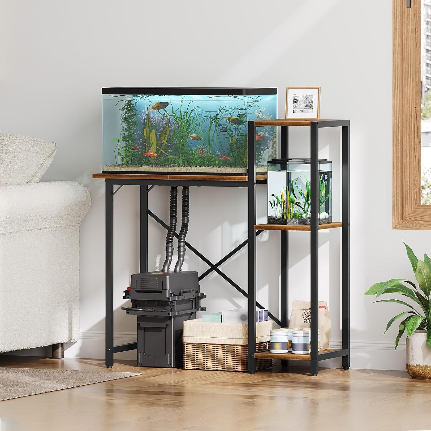 MAHANCRIS Bakers Rack and Fish Tank Stand Bundle, 3-Tier Microwave Stand with Mini Fridge Shelf, Heavy Duty Aquarium Stand with Storage Shelf, for Living Room, Kitchen, Entrway, BRHR5401-FTHR5201