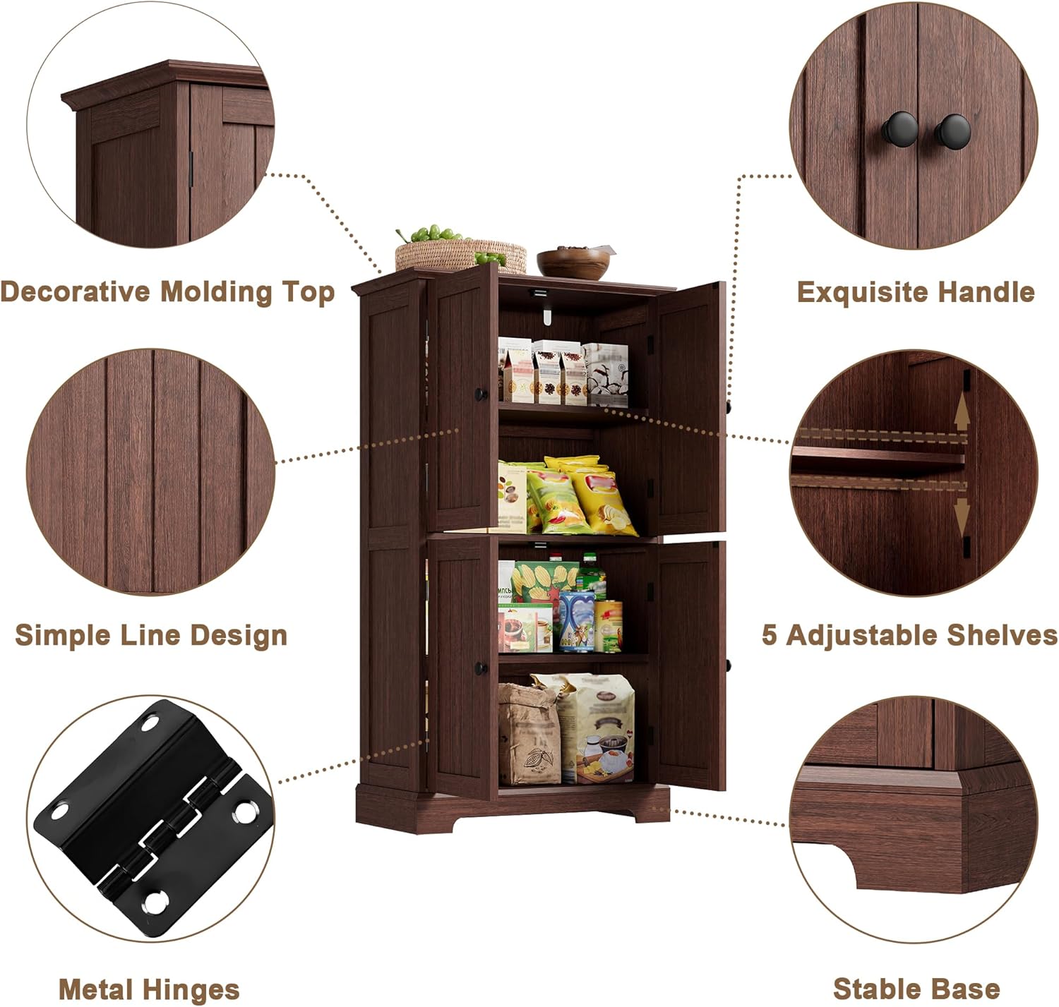 ChooChoo Bathroom Floor Cabinet, Farmhouse Bathroom Storage Cabinet with 4 Doors and Adjustable Shelves, Pantry Cabinet for Living Room, Kitchen, Walnut