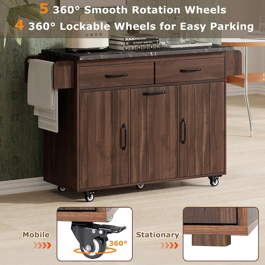 Rolling Kitchen Island Carton Wheels with Trash Can Storage Cabinet, Drop Leaf, Spice Rack, Towel Rack, Drawer, Adjustable Shelf for Dining Room Kitchens Walnut Brown