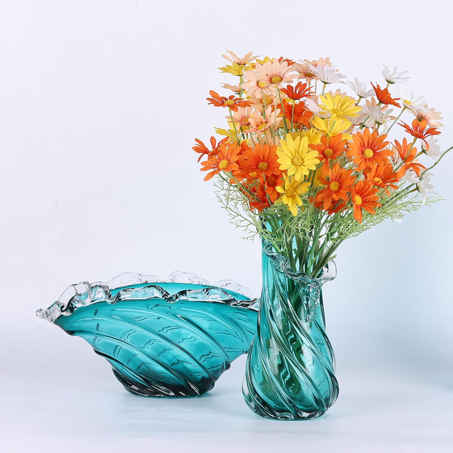 Hand Blown Blue Large Glass Vase Set - Artistic Clear Blue Vase for Coastal & Modern Home Decor, Ocean Wave Vase Design Light Luxury Style for Home Decor, Centerpiece, Office (L)