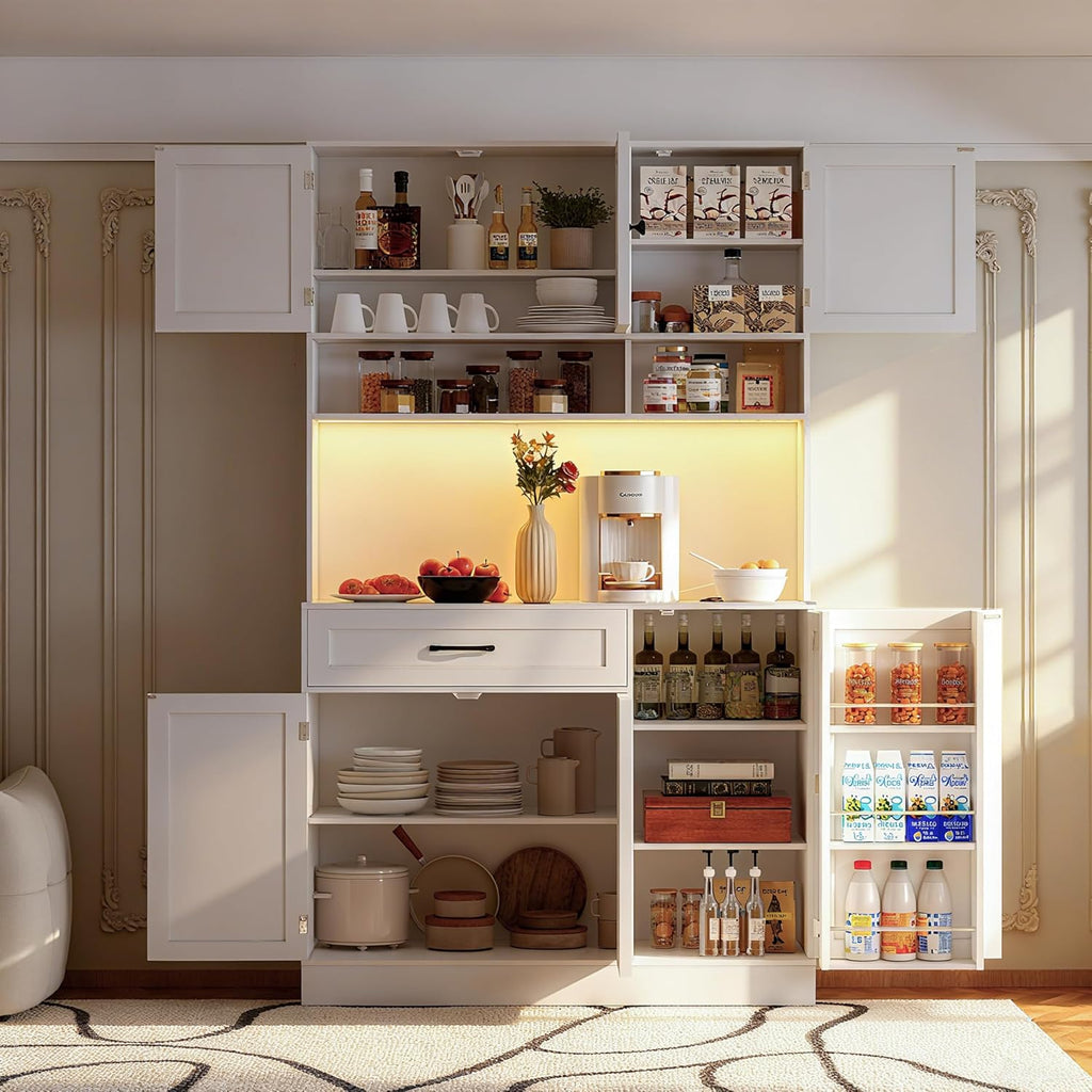 FJTJBSI 72' Kitchen Pantry Cabinet with LED Light and Charging Station Tall Pantry Storage Cabinet with Adjustable Shelves and Door Shelves Modern Kitchen Hutch with Microwave Stand and Countertop
