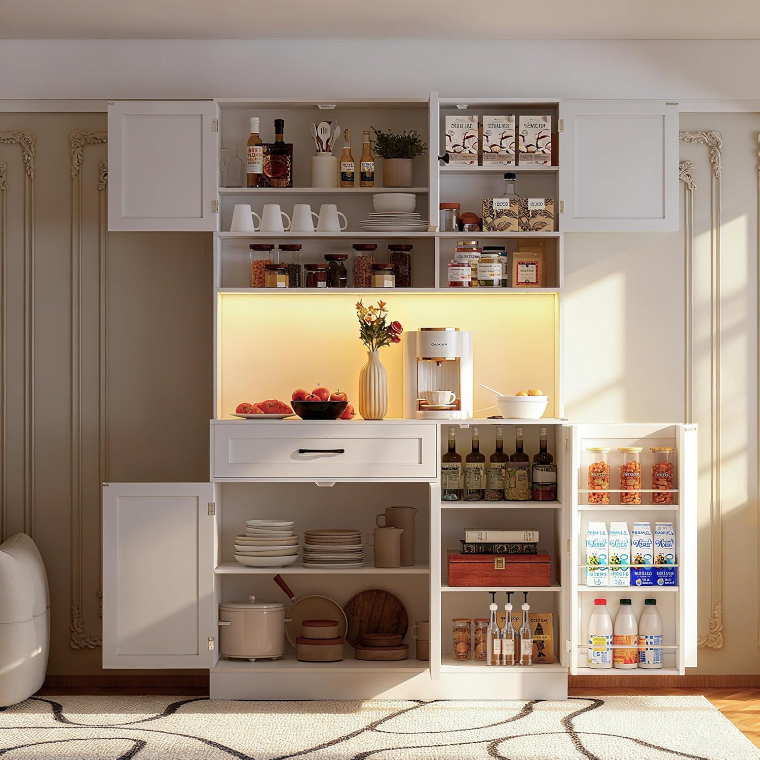 FJTJBSI 72' Kitchen Pantry Cabinet with LED Light and Charging Station Tall Pantry Storage Cabinet with Adjustable Shelves and Door Shelves Modern Kitchen Hutch with Microwave Stand and Countertop