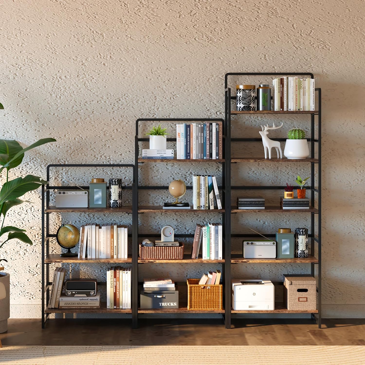 4NM No Assembly Folding Bookshelf, 4-Shelf 54' H Collapsible Foldable Bookcase Storage for Small Spaces, Rustic Brown and Black